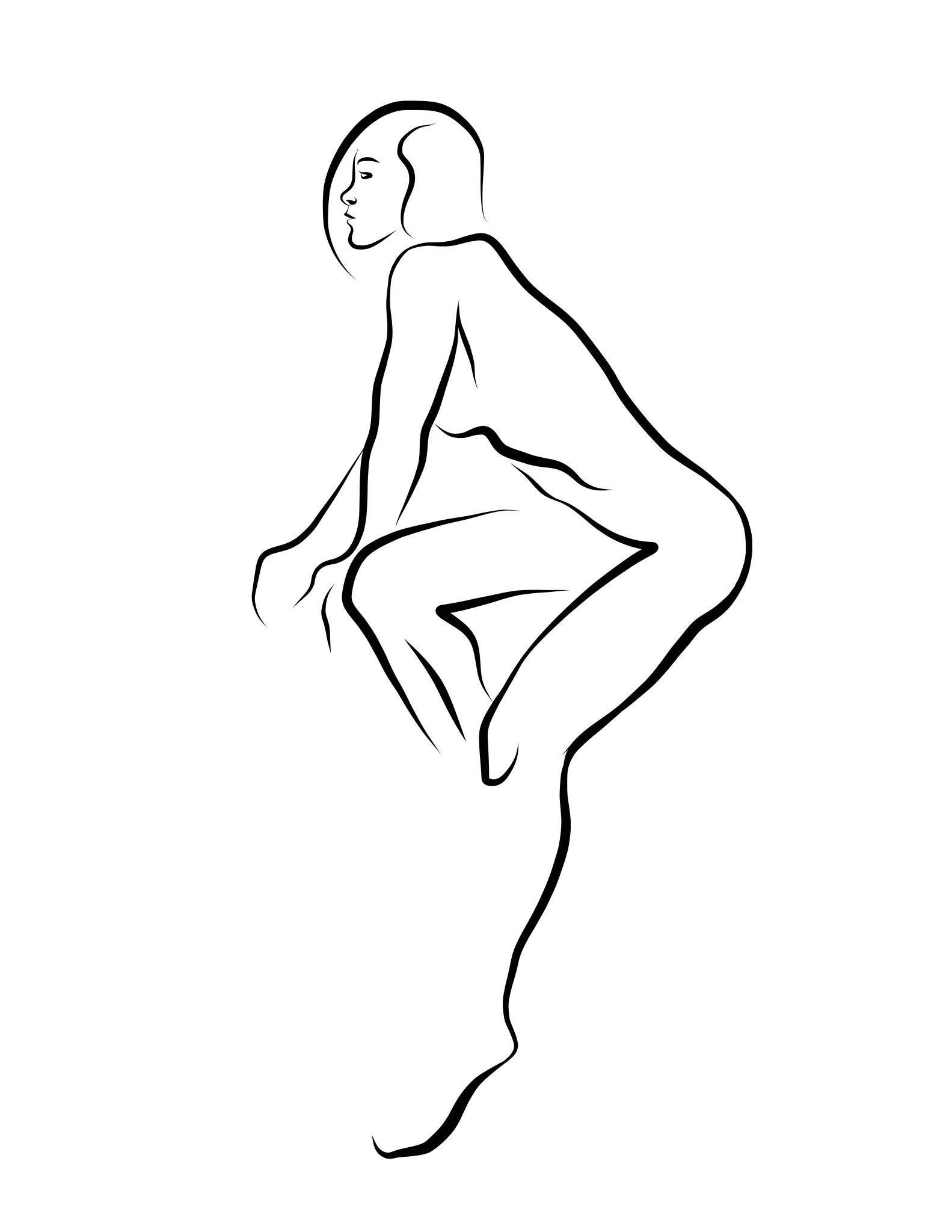 Haiku #46 – Digitale Vector-Zeichnung, sitzende weibliche Aktfigur, Kurzhaar