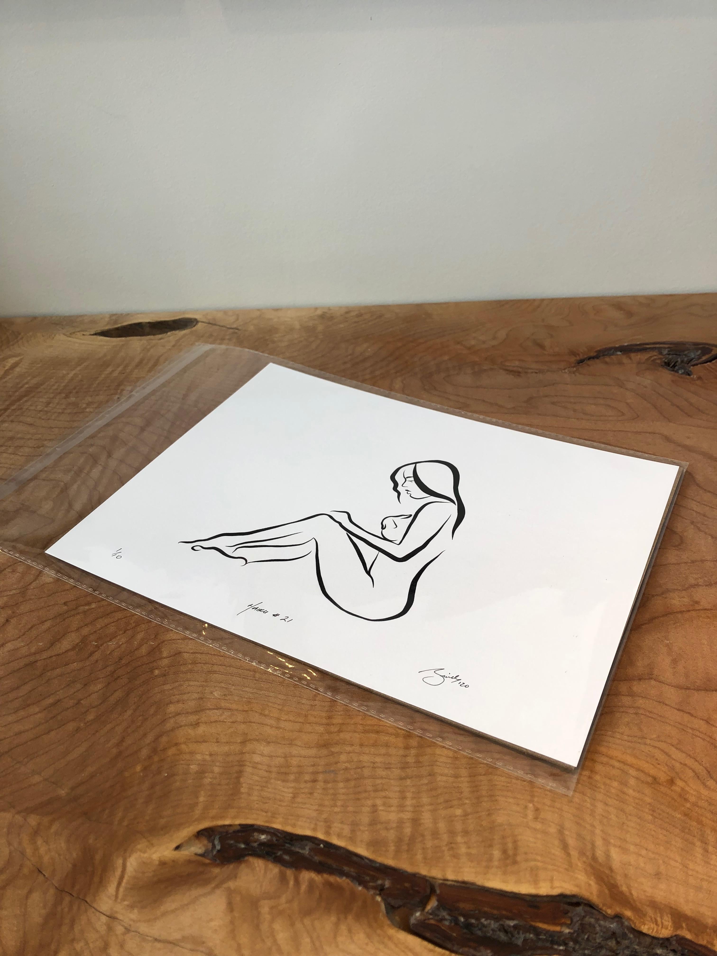 Haiku #21 - Digital Vector Drawing Seated Female Nude Woman Figure Cover Breast - Contemporary Art by Michael Binkley