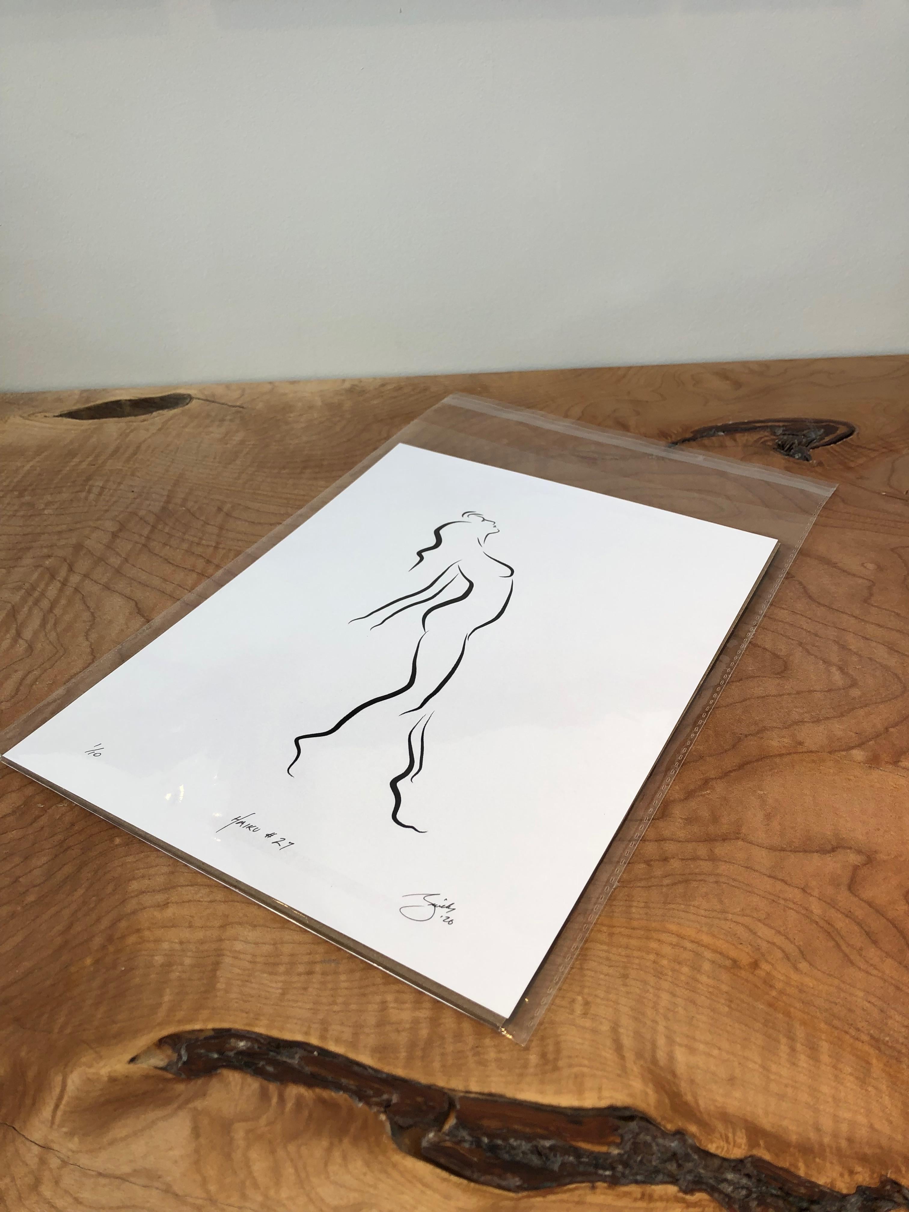 Haiku #27 - Digital Vector Drawing Leaning Female Nude Woman Figure on Table - Contemporary Art by Michael Binkley