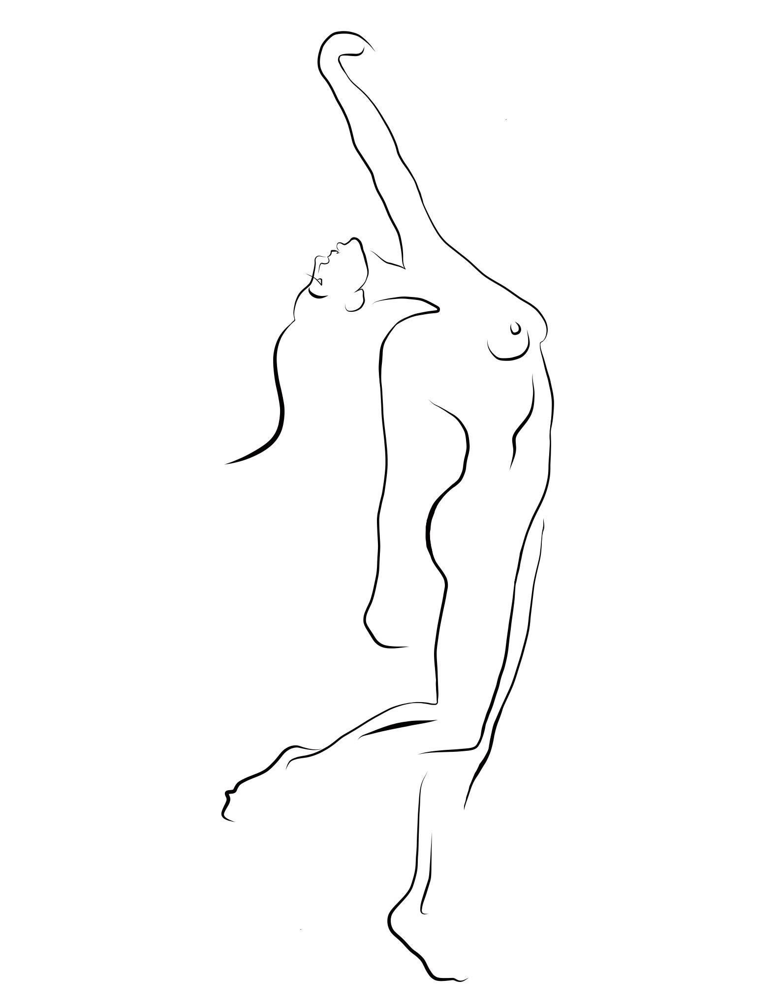 Michael Binkley Nude – Haiku #44 – Digitale Vector-Zeichnung, tanzende weibliche Aktfigur mit Kopfrücken