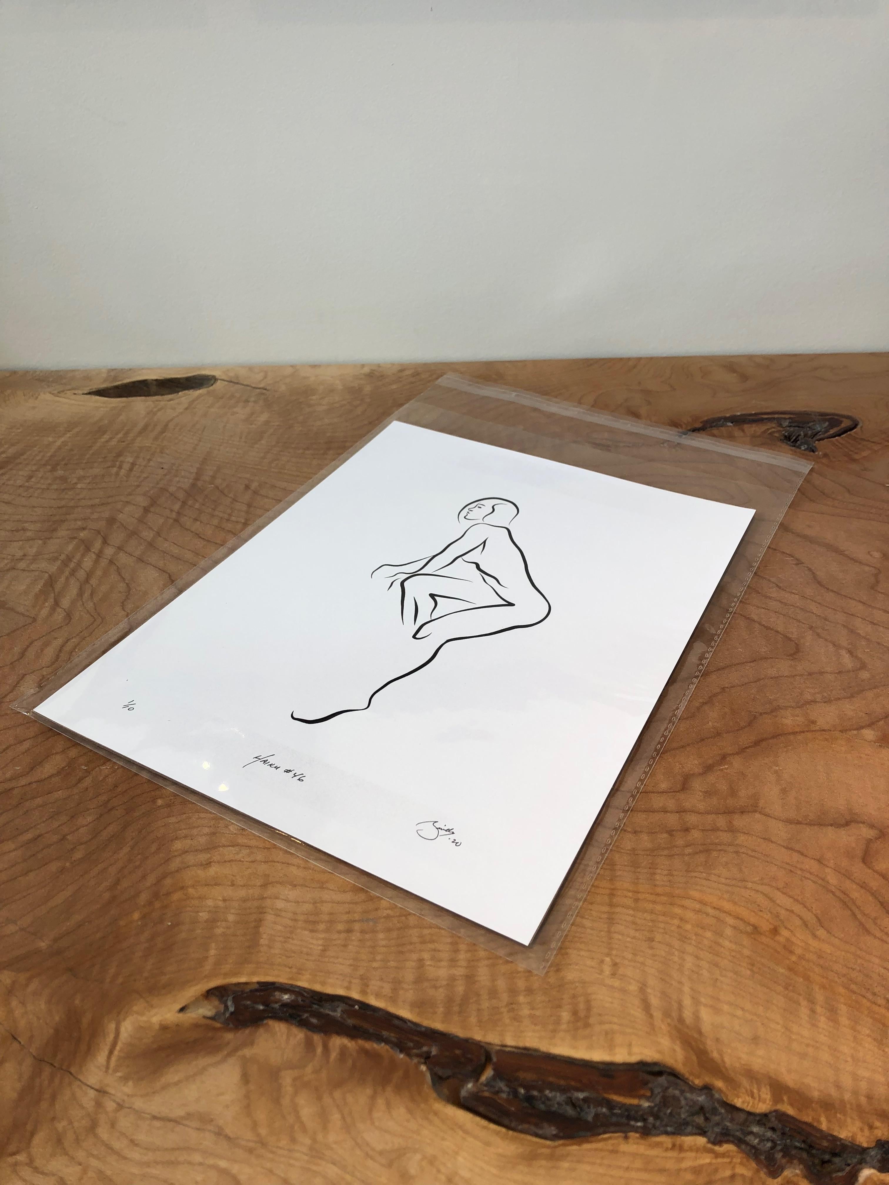 Haiku #46 – Digitale Vector-Zeichnung, sitzende weibliche Aktfigur, Kurzhaar – Art von Michael Binkley