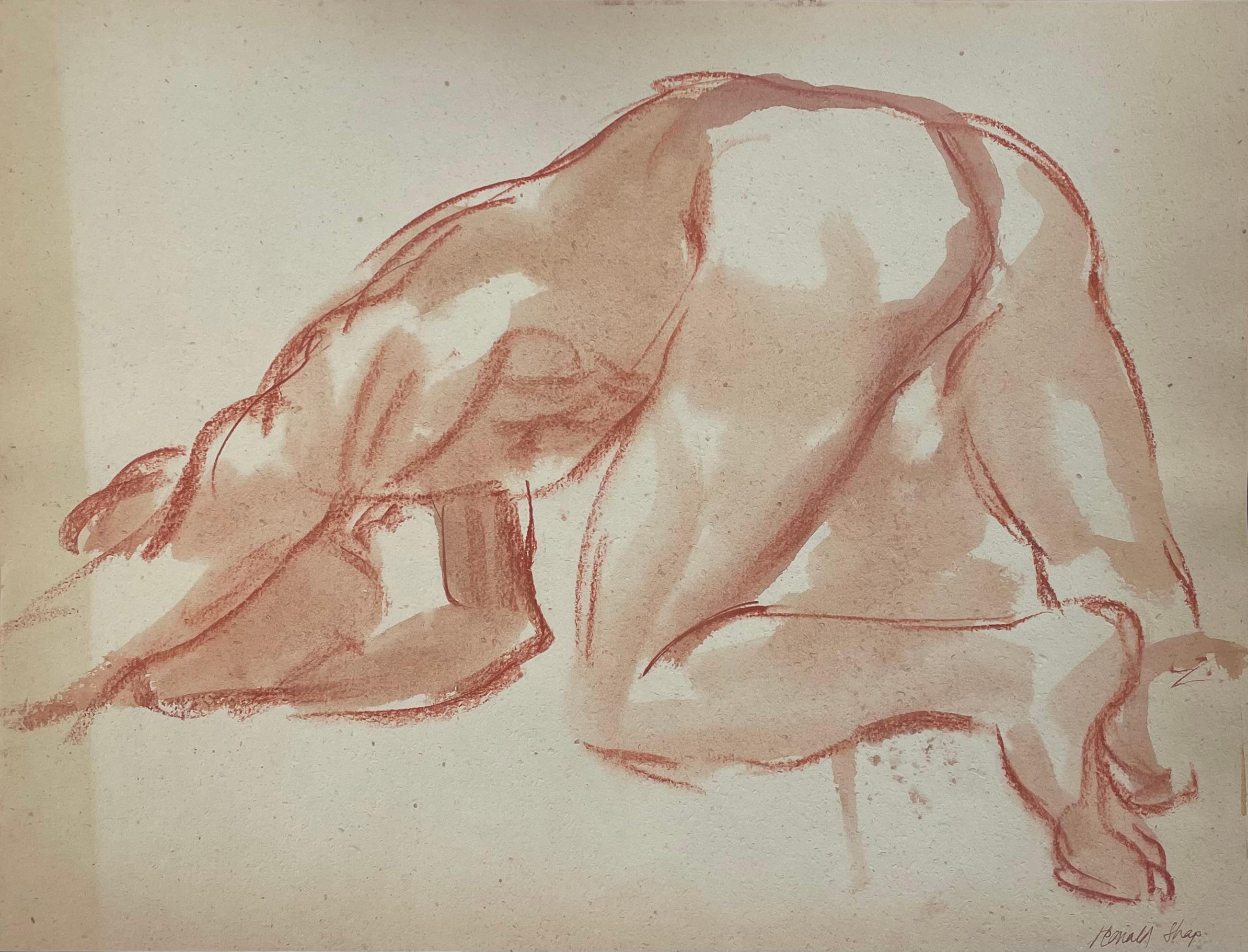 Original oil pastel and gouache figure drawing by celebrated, twentieth-century California landscape painter, Ronald Shap. Sketch of nude man bent over. 24x18 inches. Signed.

Some paint smudges along edges of paper, sun darkening on the left;