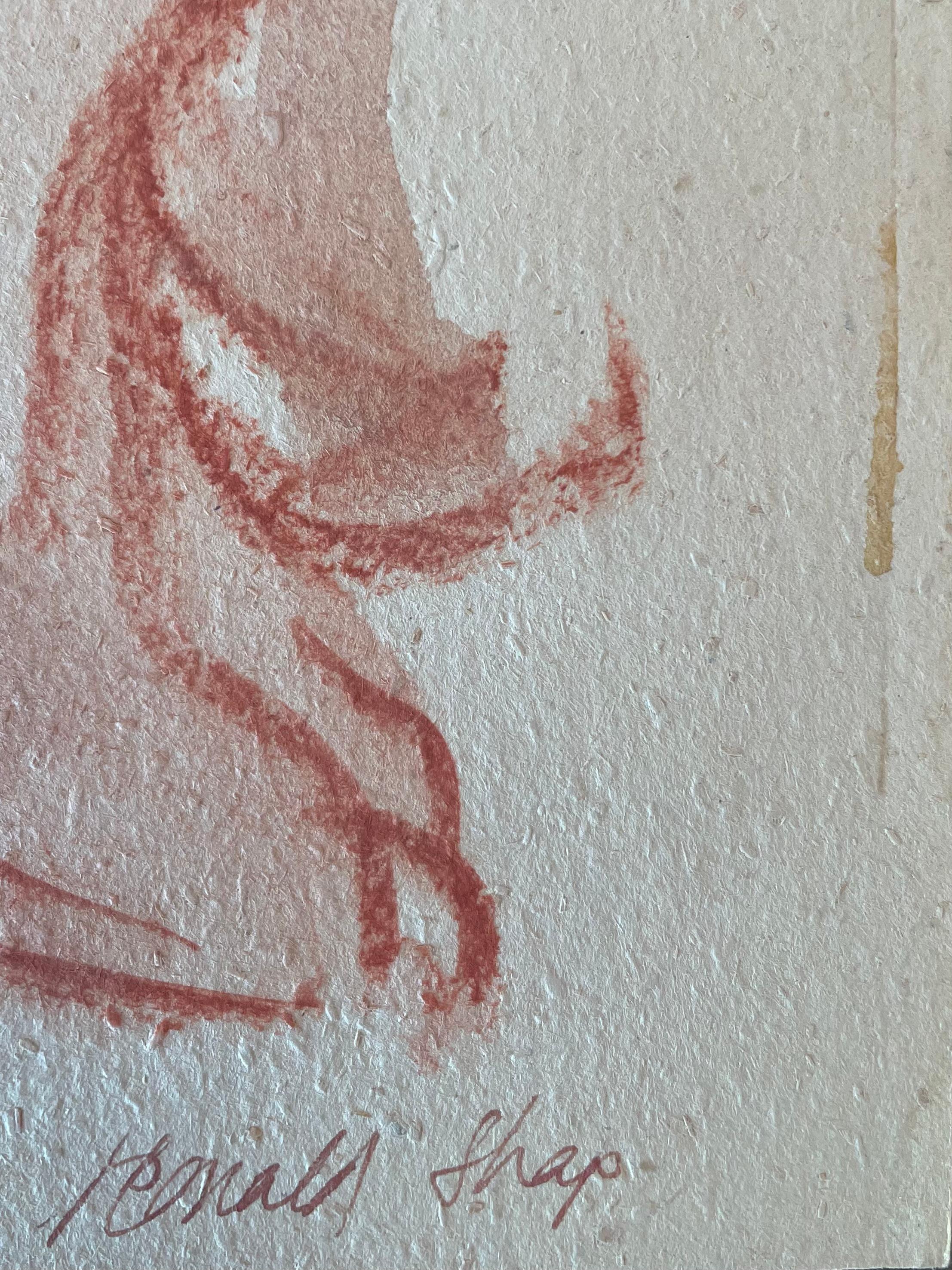 Original Ölpastell und Gouache-Figurenzeichnung des berühmten kalifornischen Landschaftsmalers Ronald Shap aus dem zwanzigsten Jahrhundert. Skizze eines nackten Mannes, der sich vorbeugt. 24x18 Zoll. Unterschrieben.

Einige Farbkleckse an den