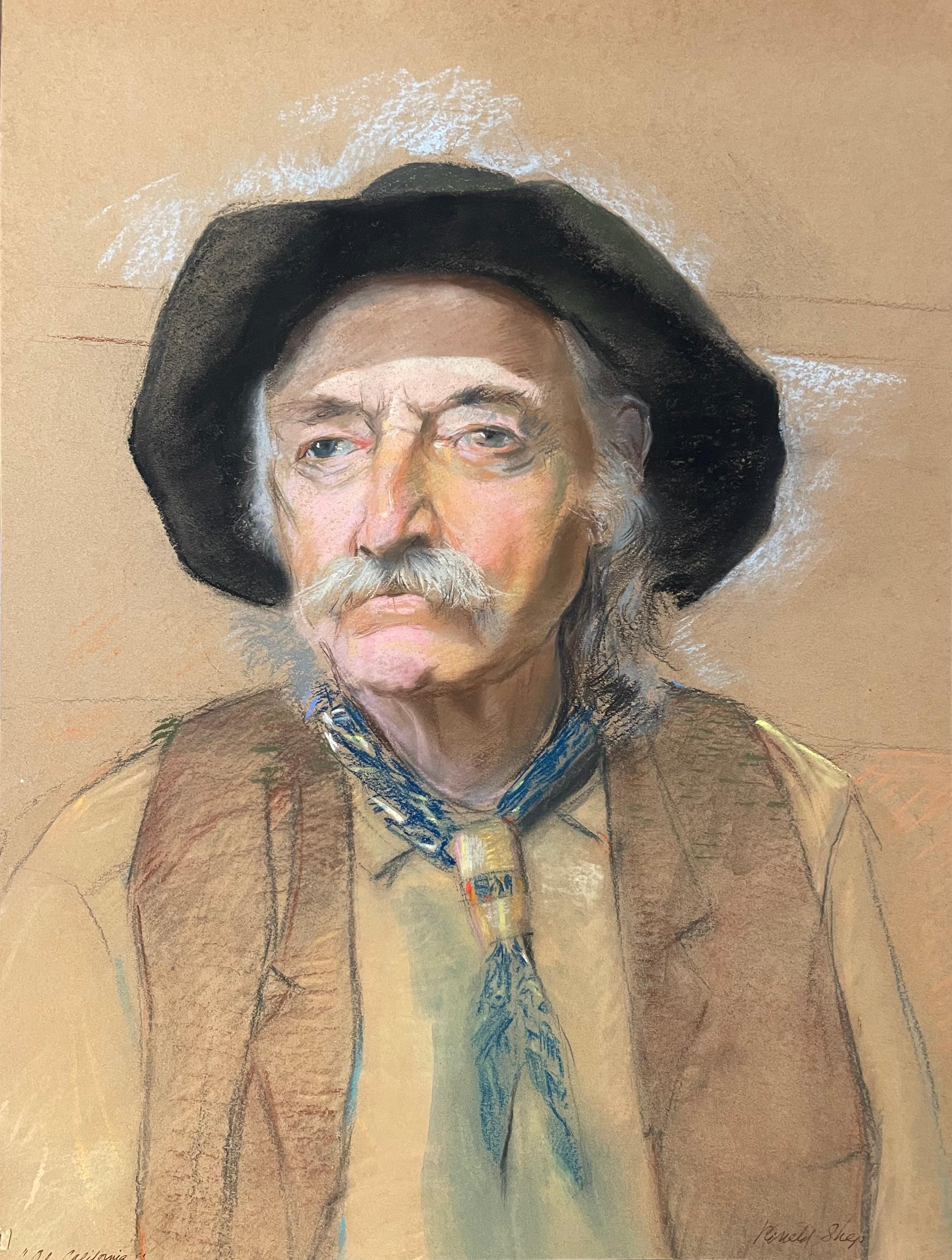 Original oil pastel character portrait by celebrated, twentieth-century California landscape painter, Ronald Shap. "Ol' California."  17x23 inches. Signed.

Only flaw to note is one chip in edge of paper, as pictured. Should not be visible when
