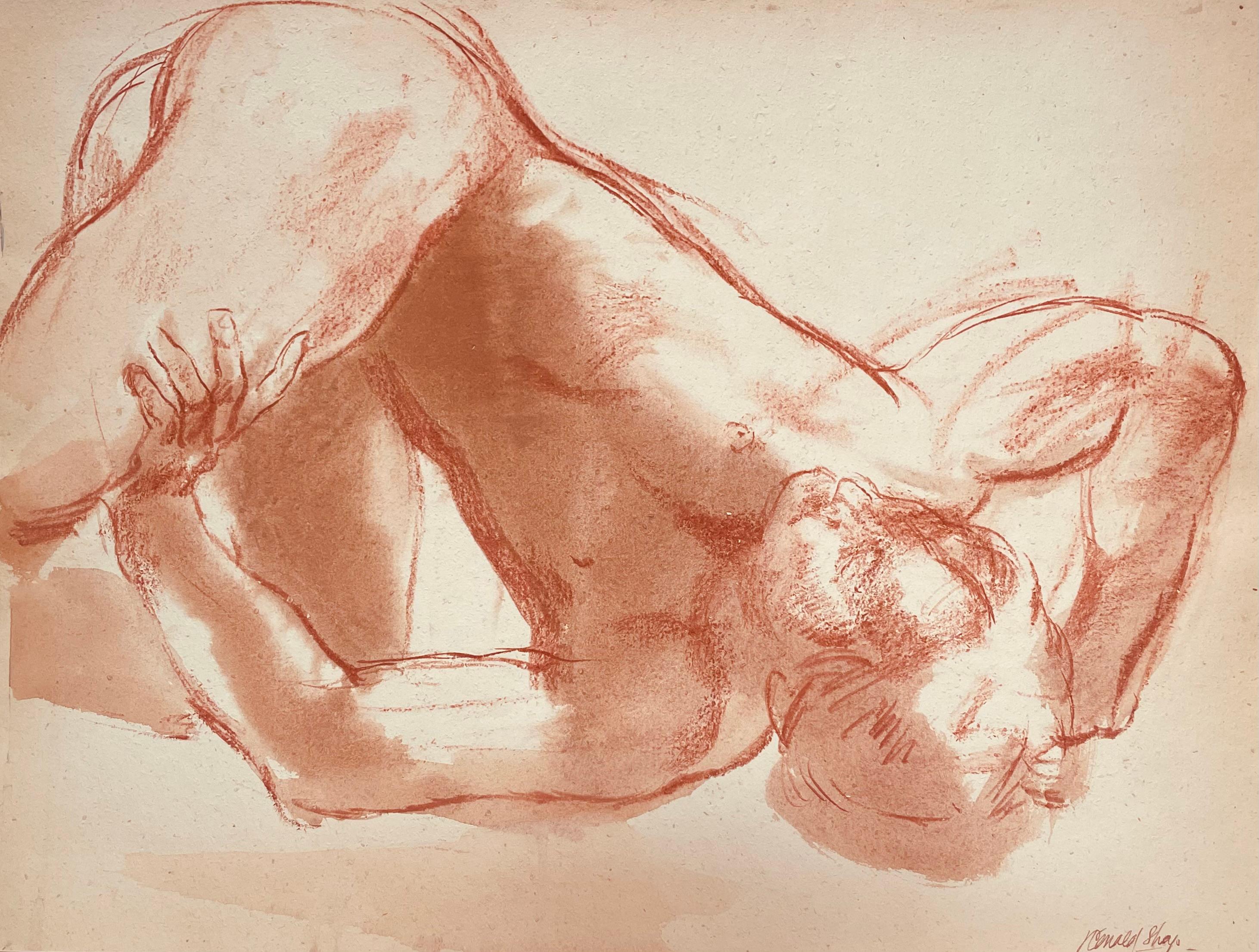 Original oil pastel and gouache figure drawing by celebrated, twentieth-century California landscape painter, Ronald Shap. Sketch of nude man turned sideways. 24x18 inches. Signed.

Two marks on left edge from artist's drawing clipboard, should not