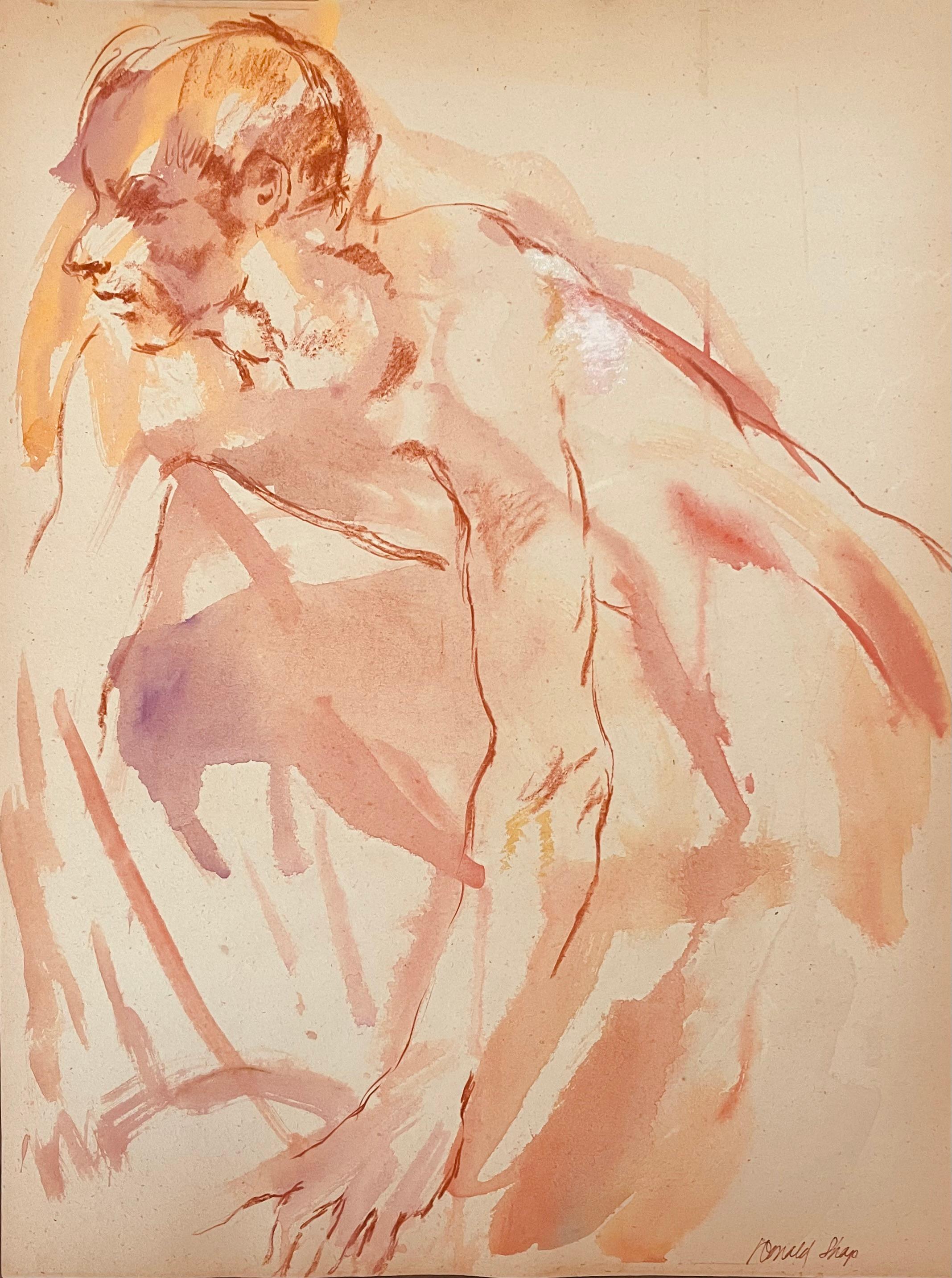 Original oil pastel and gouache figure drawing by celebrated, twentieth-century California landscape painter, Ronald Shap. Sketch of nude man crouching. Beautiful peach and purple washes. 18x24 inches. Signed.

Mark on top edge from artist's drawing
