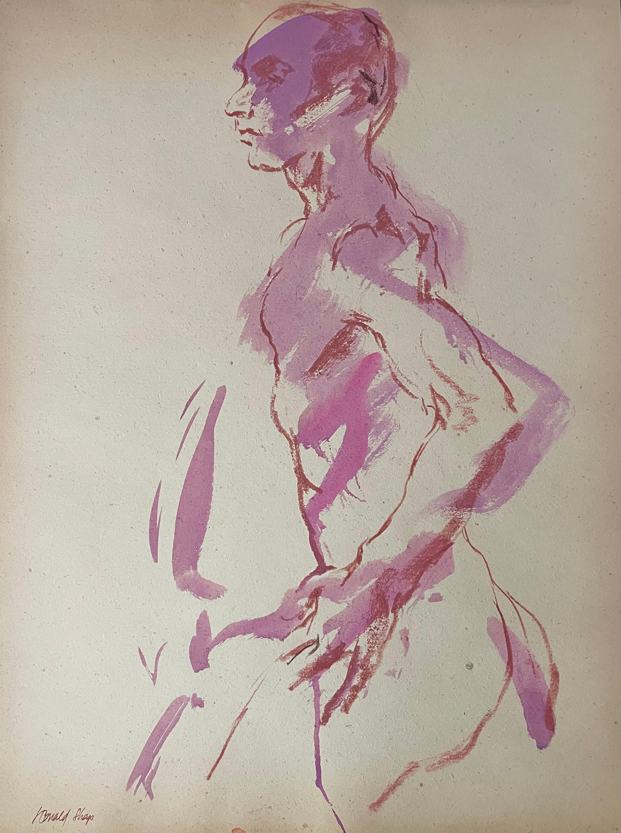 Original oil pastel and gouache figure drawing by celebrated, twentieth-century California landscape painter, Ronald Shap. Sketch of nude man with his hand on his hip. Beautiful purple and magenta washes. 18x24 inches. Signed.

Ronald Shap was born