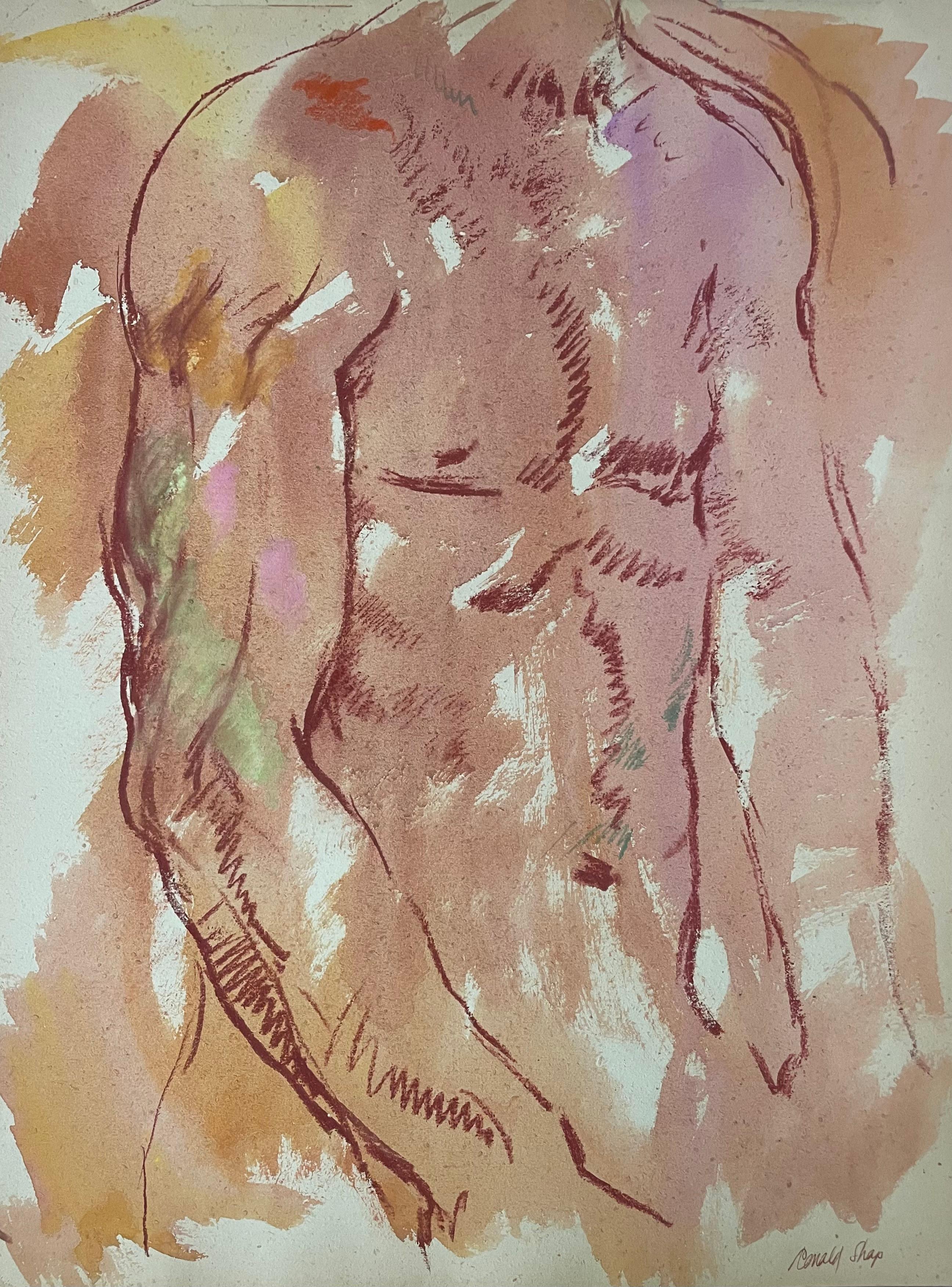 Original oil pastel and gouache figure drawing by celebrated, twentieth-century California landscape painter, Ronald Shap. Sketch of torso of a nude man. Beautiful peach washes with green and pink. 18x24 inches. Signed.

Indentations from artist's