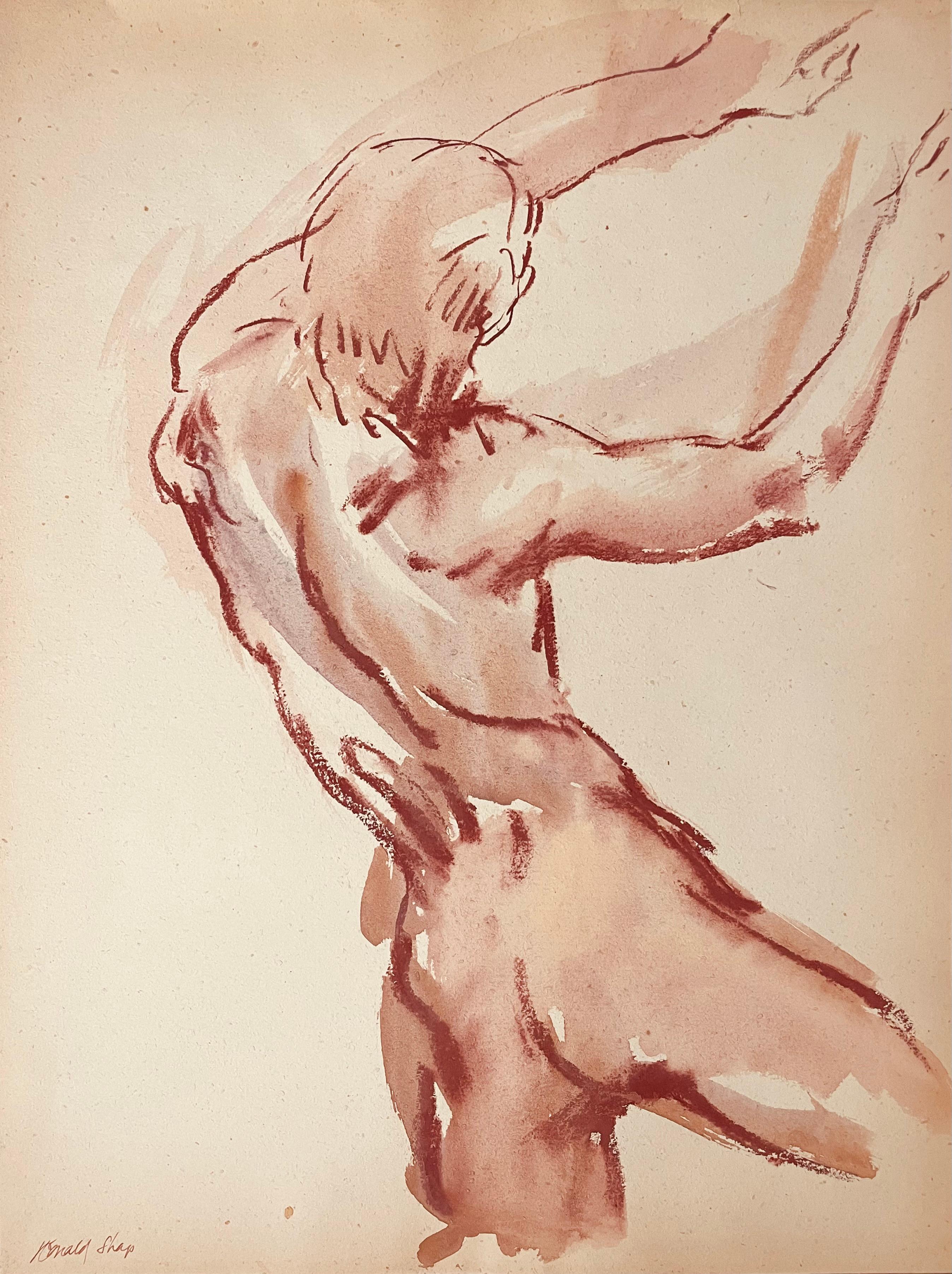 Original oil pastel and gouache figure drawing by celebrated, twentieth-century California landscape painter, Ronald Shap. Sketch of a nude man. 18x24 inches. Signed. 

1/2 inch rip in top right corner above hand, please inspect final photo. Should