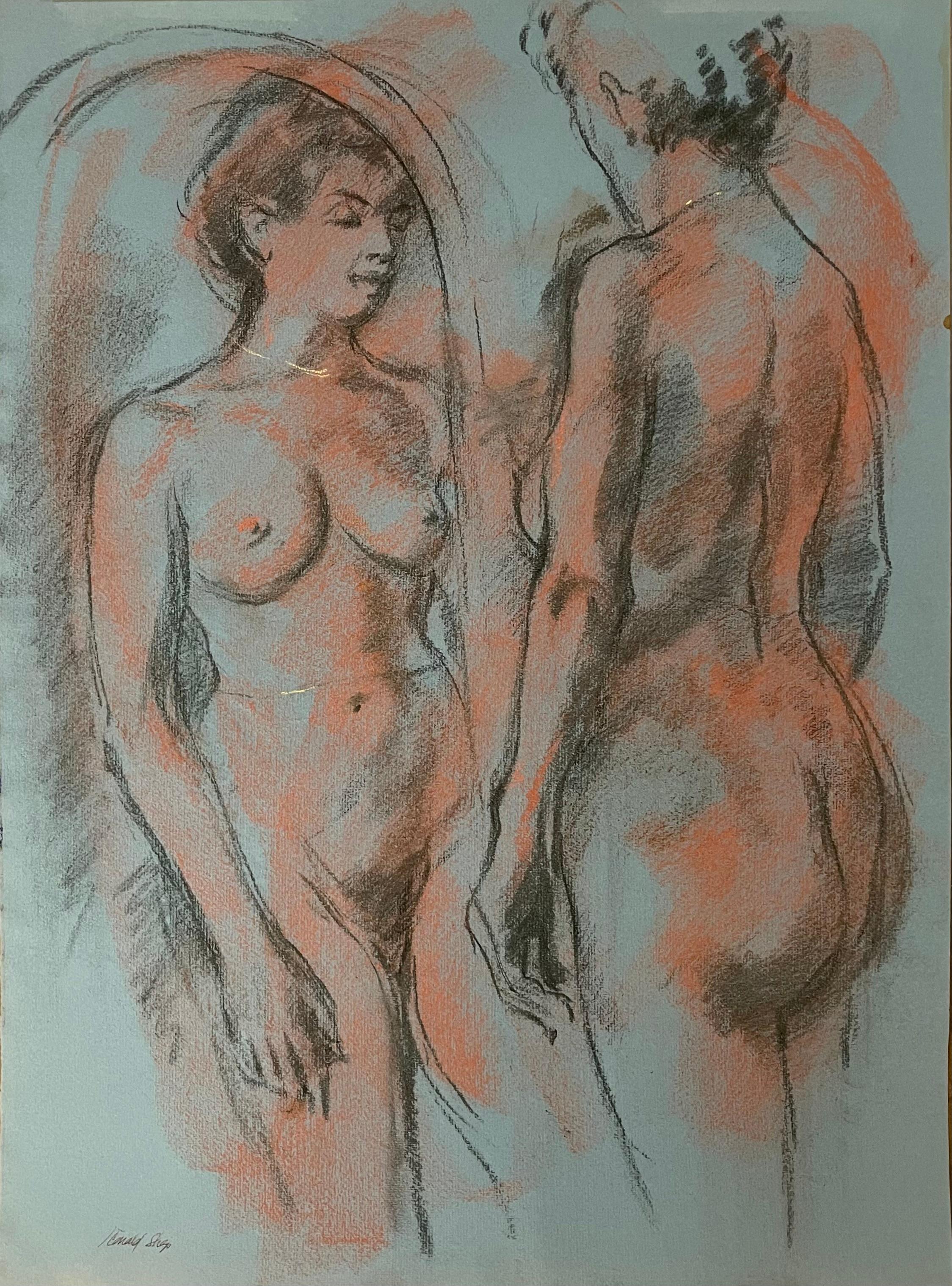Original oil pastel and gouache figure drawing by celebrated, twentieth-century California landscape painter, Ronald Shap. Sketch of a nude woman with jewelry in front of a mirror. Blue paper with light red highlights. 17.75x24 inches. Signed.