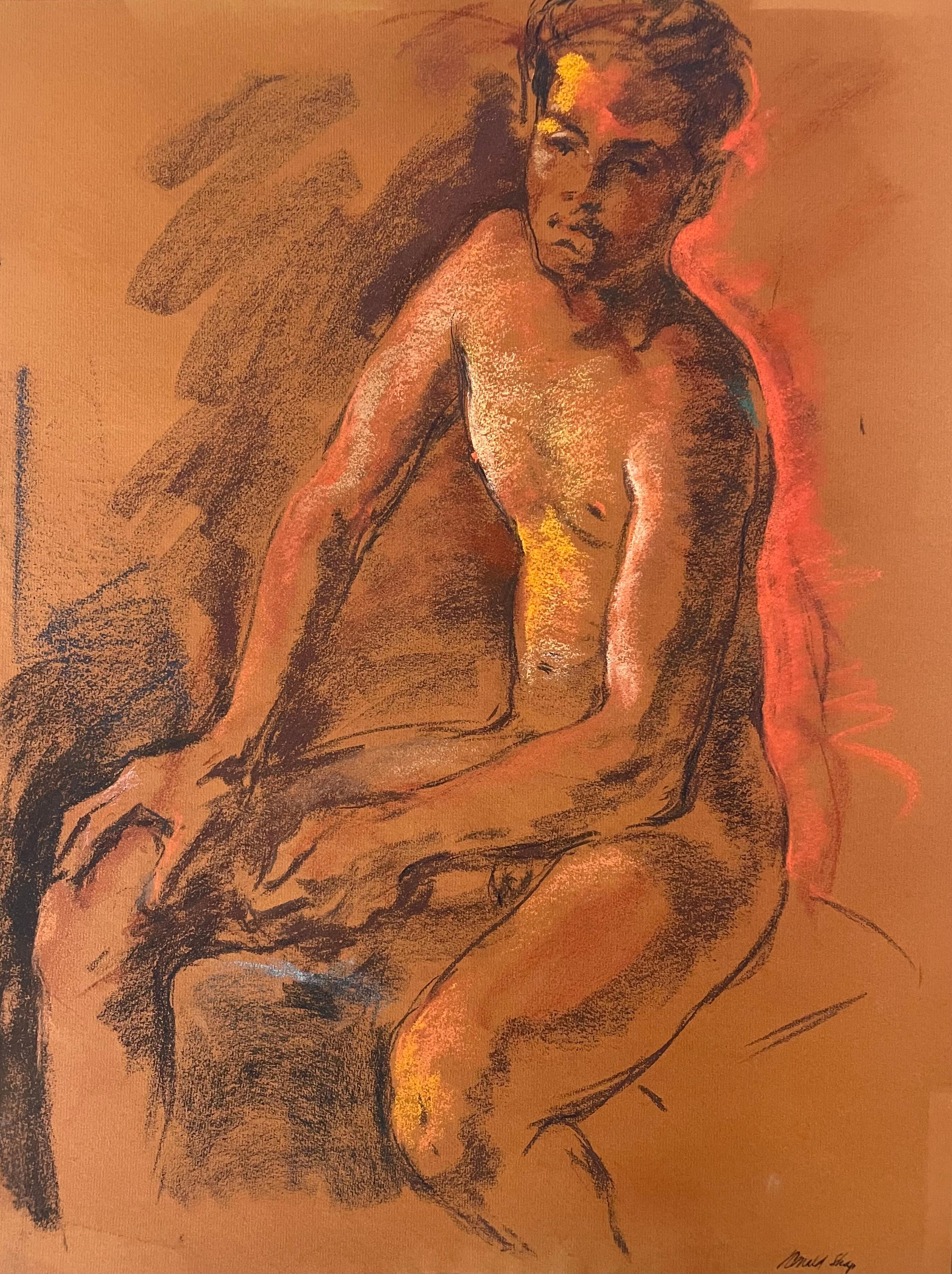 Original oil pastel and gouache figure drawing by celebrated, twentieth-century California landscape painter, Ronald Shap. Sketch of a nude man sitting in brown, yellow, vermillion and blue on burnt sienna-colored paper. This is a brilliant piece.