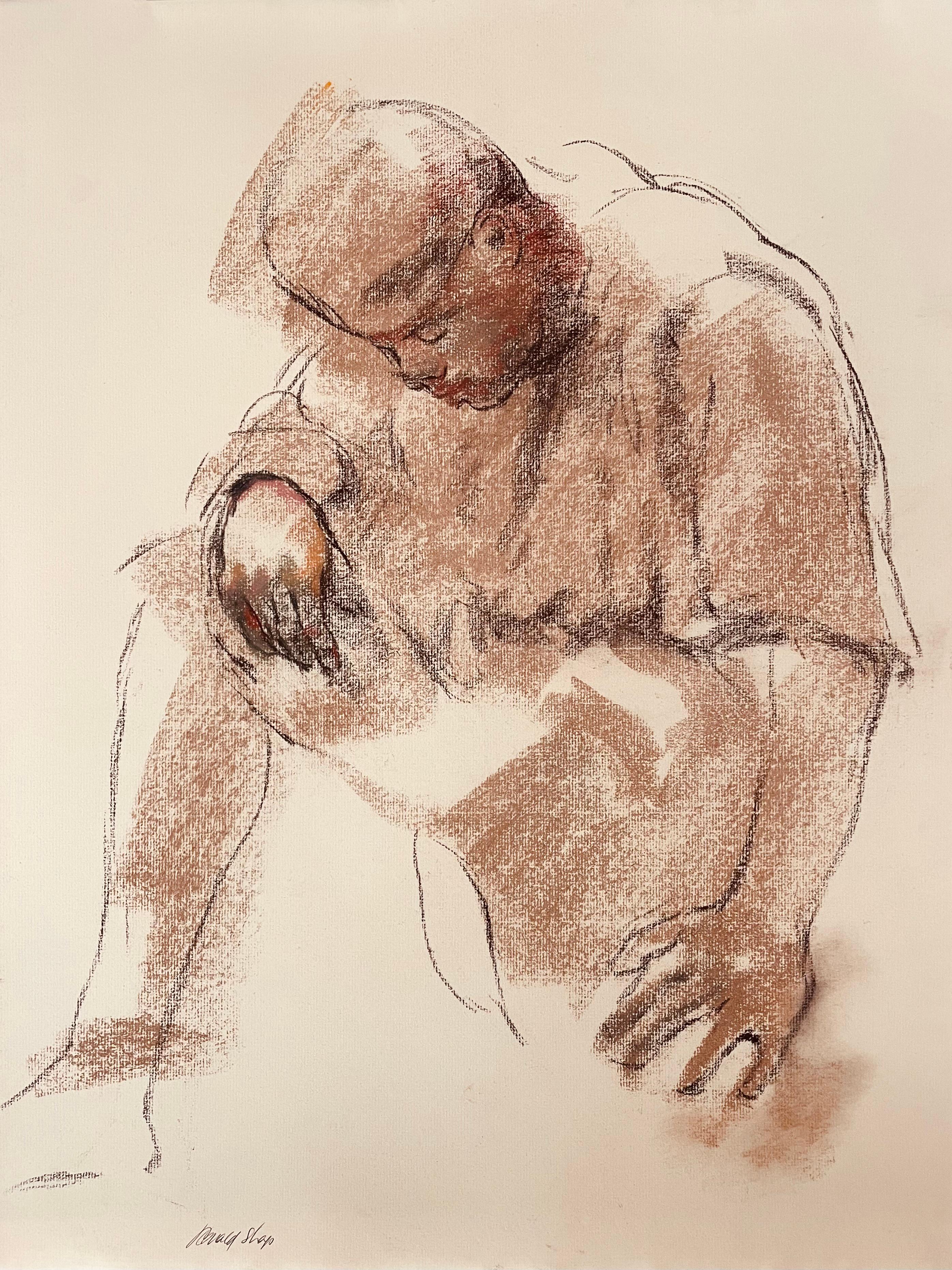Original oil pastel and gouache figure drawing by celebrated, twentieth-century California landscape painter, Ronald Shap. Evocative sketch of a kneeling man in brown oil pastels. 25x19 inches. Signed. 

Ronald Shap was born in Toledo, OH and lived
