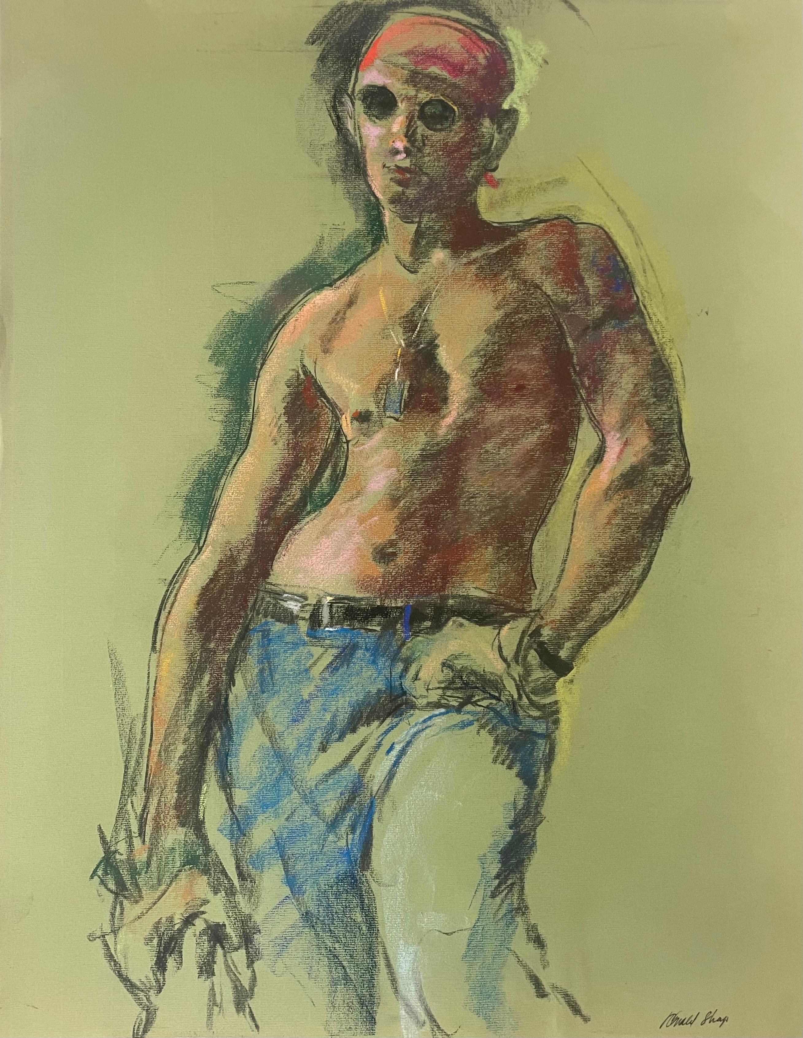 Original oil pastel and gouache figure drawing by celebrated, twentieth-century California landscape painter, Ronald Shap. Sketch of a shirtless man in sunglasses and jeans on pea-green colored paper. 25.5x19.5 inches. Signed. 

Creasing along