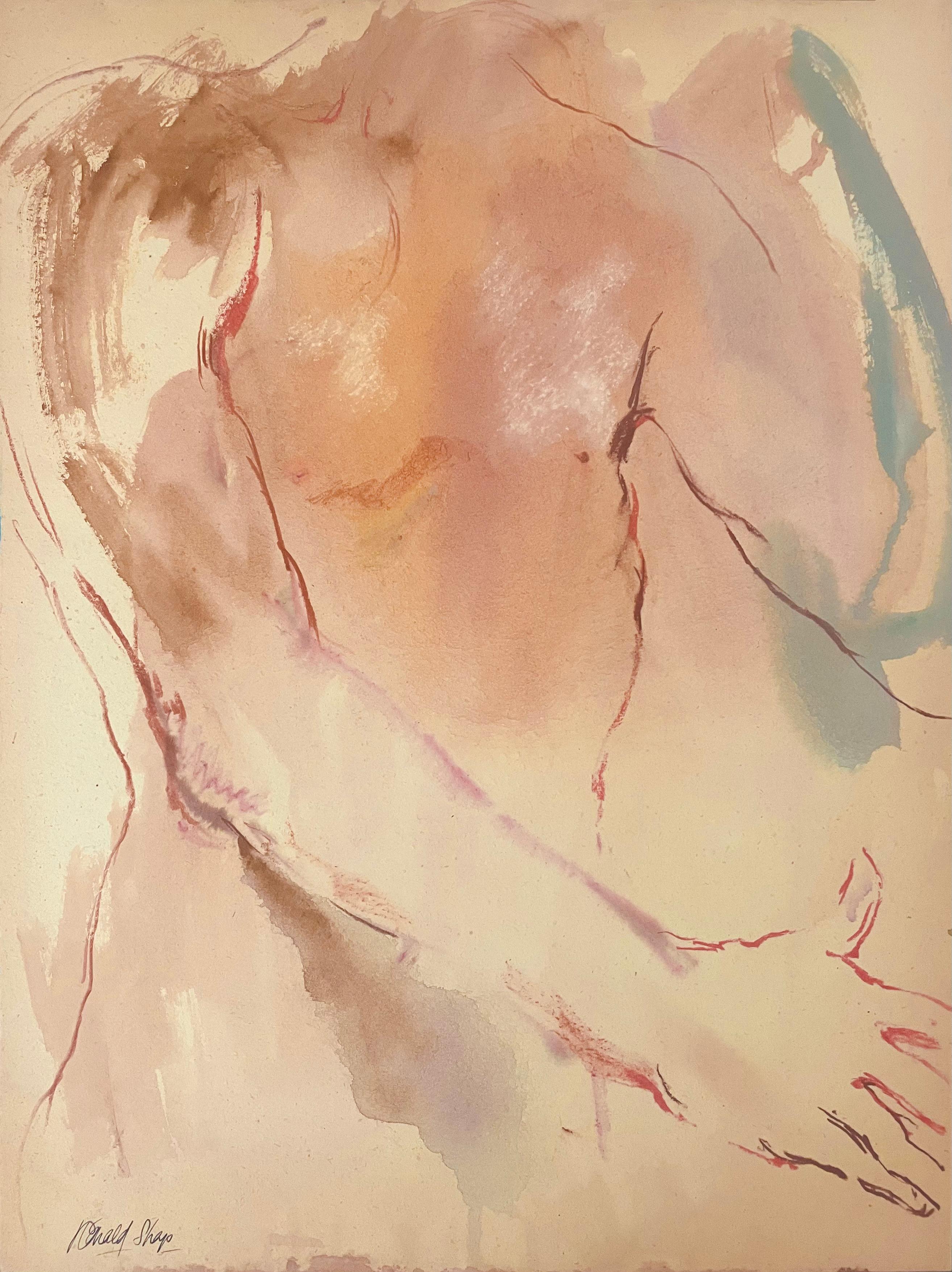 Original oil pastel and gouache figure drawing by celebrated, twentieth-century California landscape painter, Ronald Shap. Sketch of a nude male torso with washes of light aqua/sage green and accents of neon pink oil pastel. This is a part of Shap's