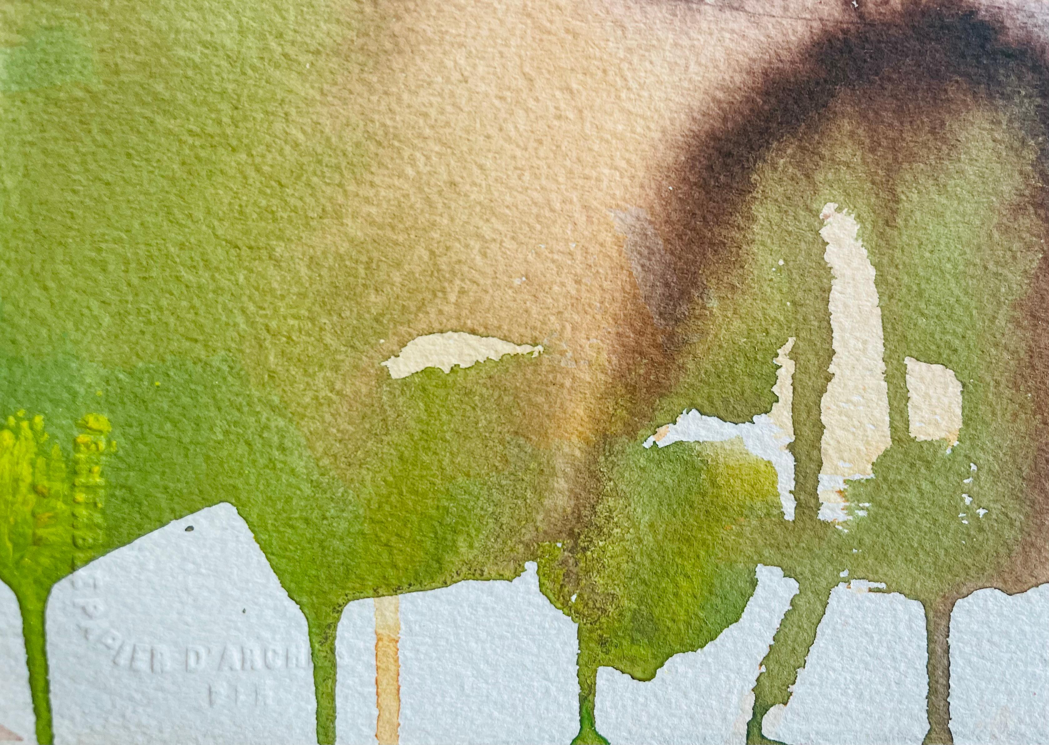Original Tusche- und Aquarell-Figurengemälde des berühmten kalifornischen Landschaftsmalers Ronald Shap aus dem zwanzigsten Jahrhundert. Skizze einer nackten, liegenden Frau mit orangefarbenen, pfirsichfarbenen und grasgrünen Lavierungen. Dieses