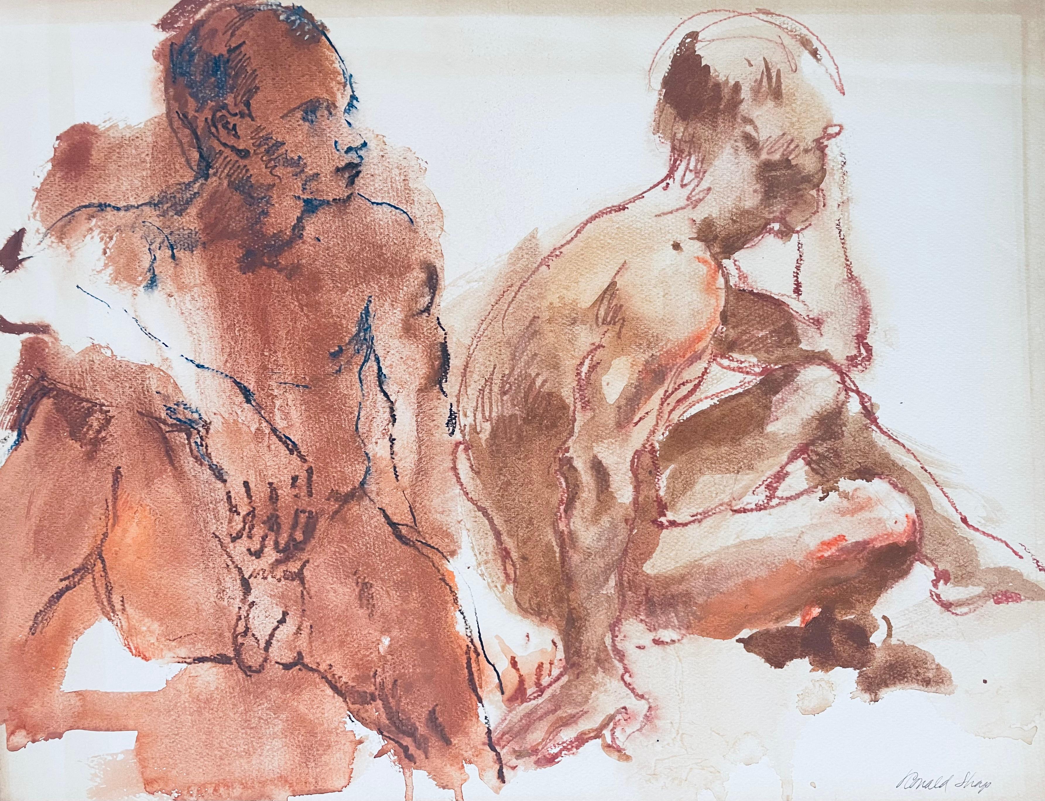 Original oil pastel and gouache figure drawing by celebrated, twentieth-century California landscape painter, Ronald Shap. Sketch of two nude men in washes of brown with electric blue, red and orange oil pastel accents. 24x18 inches. Signed. 

This