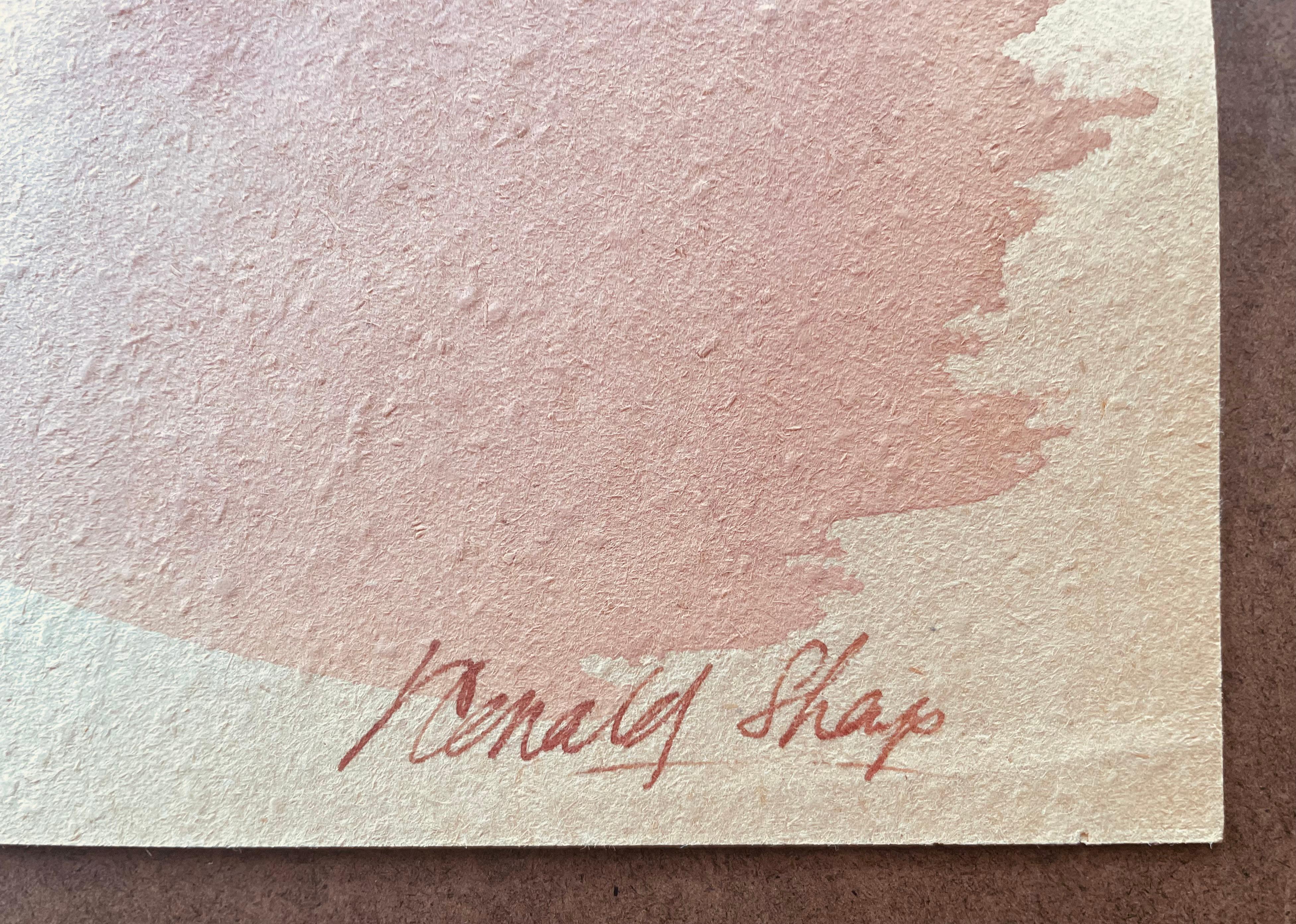 Original Ölpastell und Gouache-Figurenzeichnung des berühmten kalifornischen Landschaftsmalers Ronald Shap aus dem zwanzigsten Jahrhundert. Atemberaubende Skizze eines Aktes mit Lavierungen in Aqua und Rosa. Dies ist ein Teil von Shap'S '80s