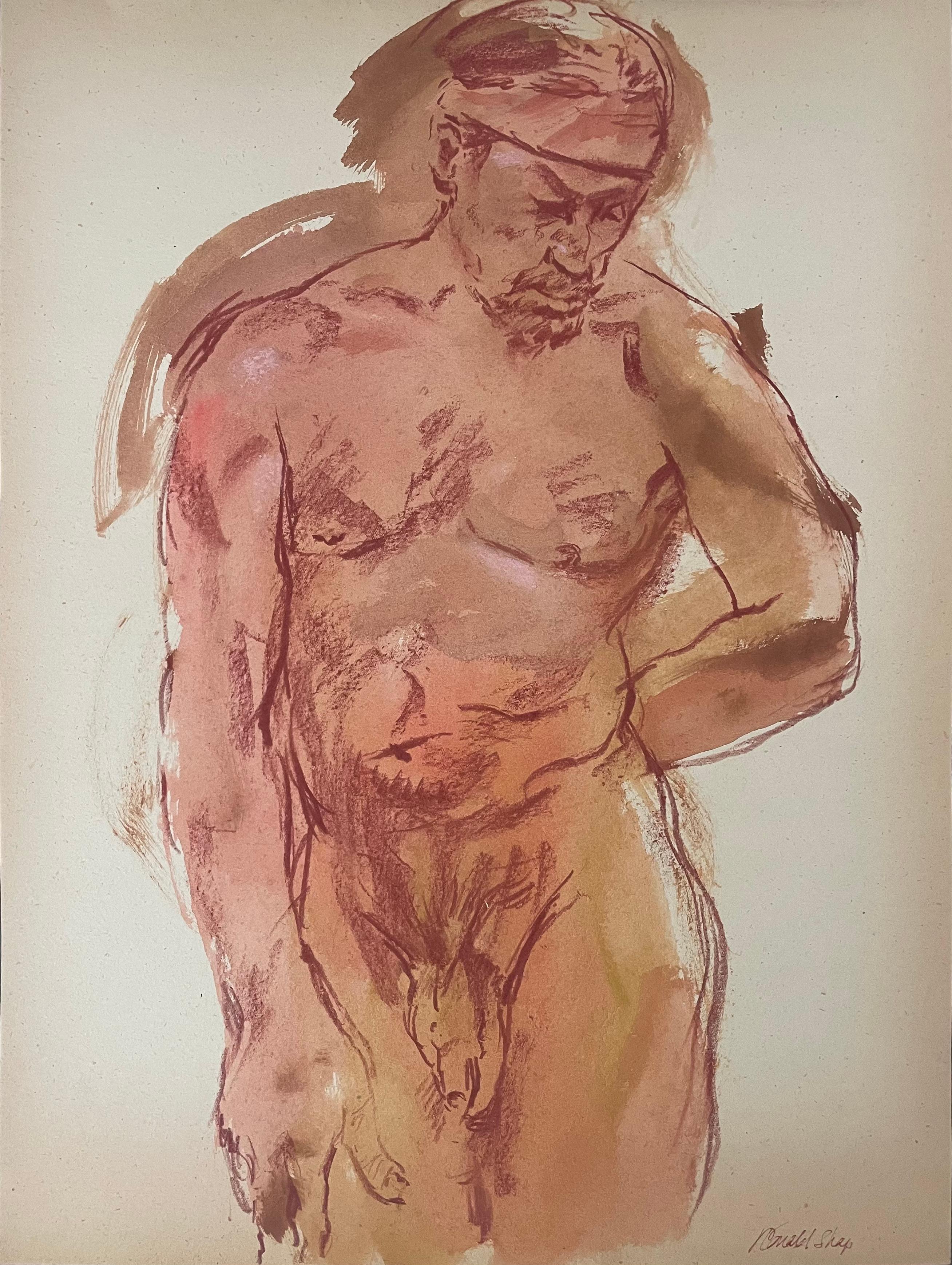 Original oil pastel and gouache figure drawing by celebrated, twentieth-century California landscape painter, Ronald Shap. Sketch of a nude man with a bandana in tones of brown and accents of pink. 24x18 inches. Signed. 

No flaws to note.

Ronald