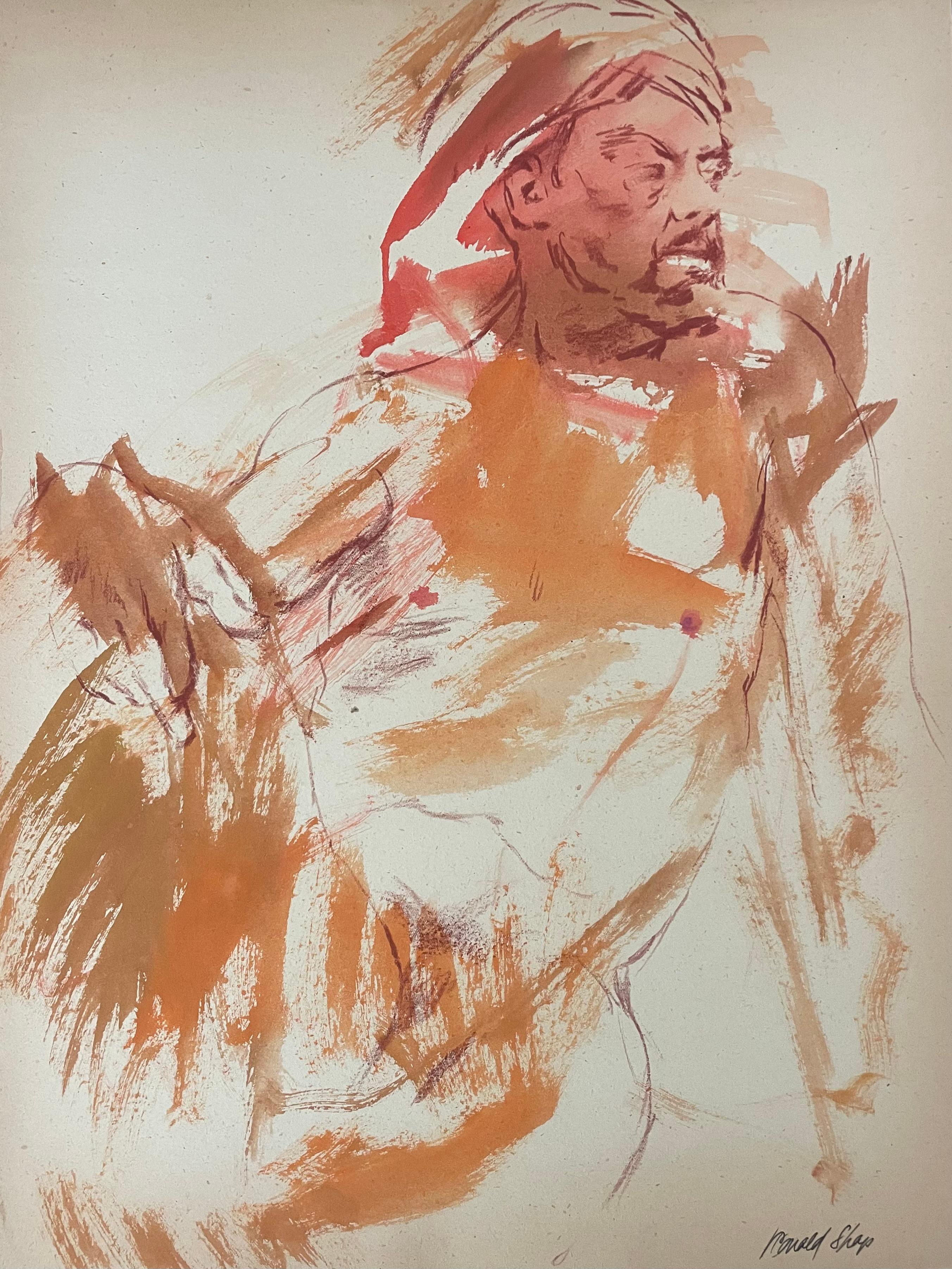 Original oil pastel and gouache figure drawing by celebrated, twentieth-century California landscape painter, Ronald Shap. Sketch of a nude man with washes of red and orange. 24x18 inches. Signed. 

Clipboard indentations from when piece was