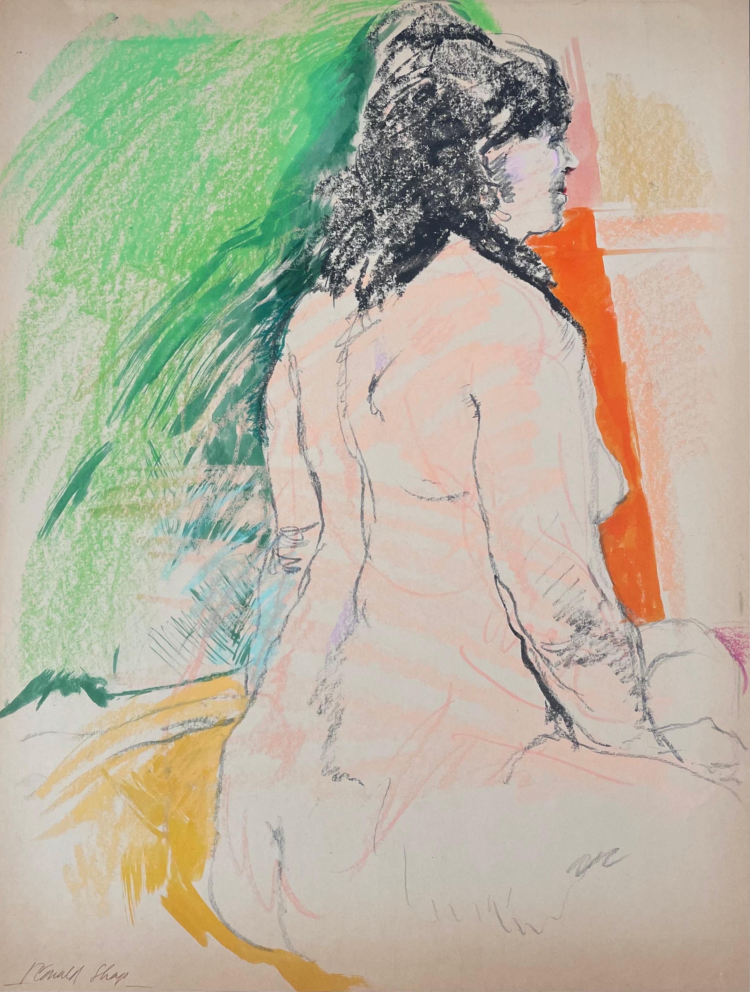 Original oil pastel and gouache figure drawing by celebrated, twentieth-century California landscape painter, Ronald Shap. Sketch of a nude woman with black hair with orange, green and pink. 23x17.5 inches. Signed. 

Ronald Shap was born in Toledo,
