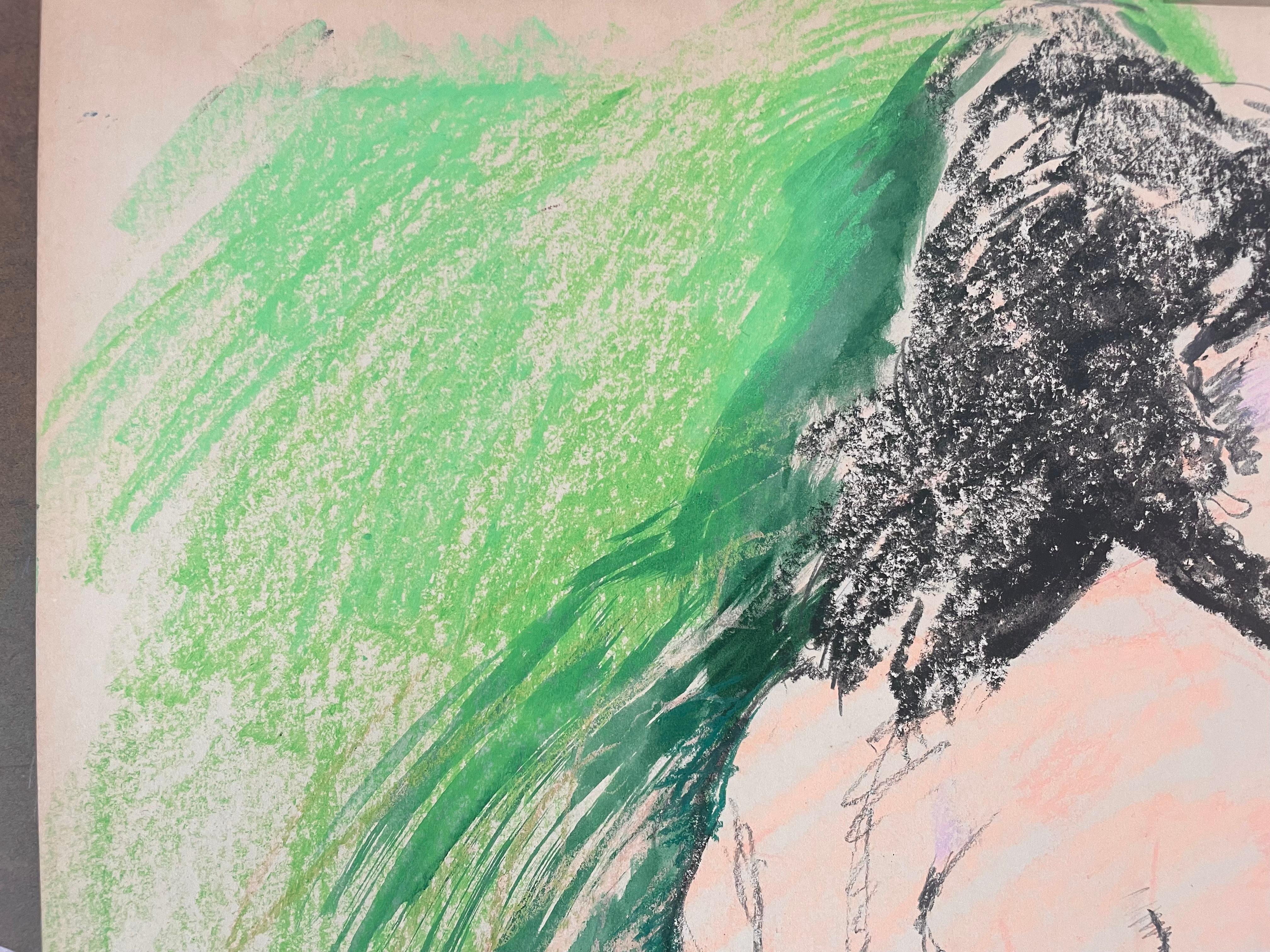 Original Ölpastell und Gouache-Figurenzeichnung des berühmten kalifornischen Landschaftsmalers Ronald Shap aus dem zwanzigsten Jahrhundert. Skizze einer nackten Frau mit schwarzen Haaren mit orange, grün und rosa. 23x17,5 cm. Unterschrieben.