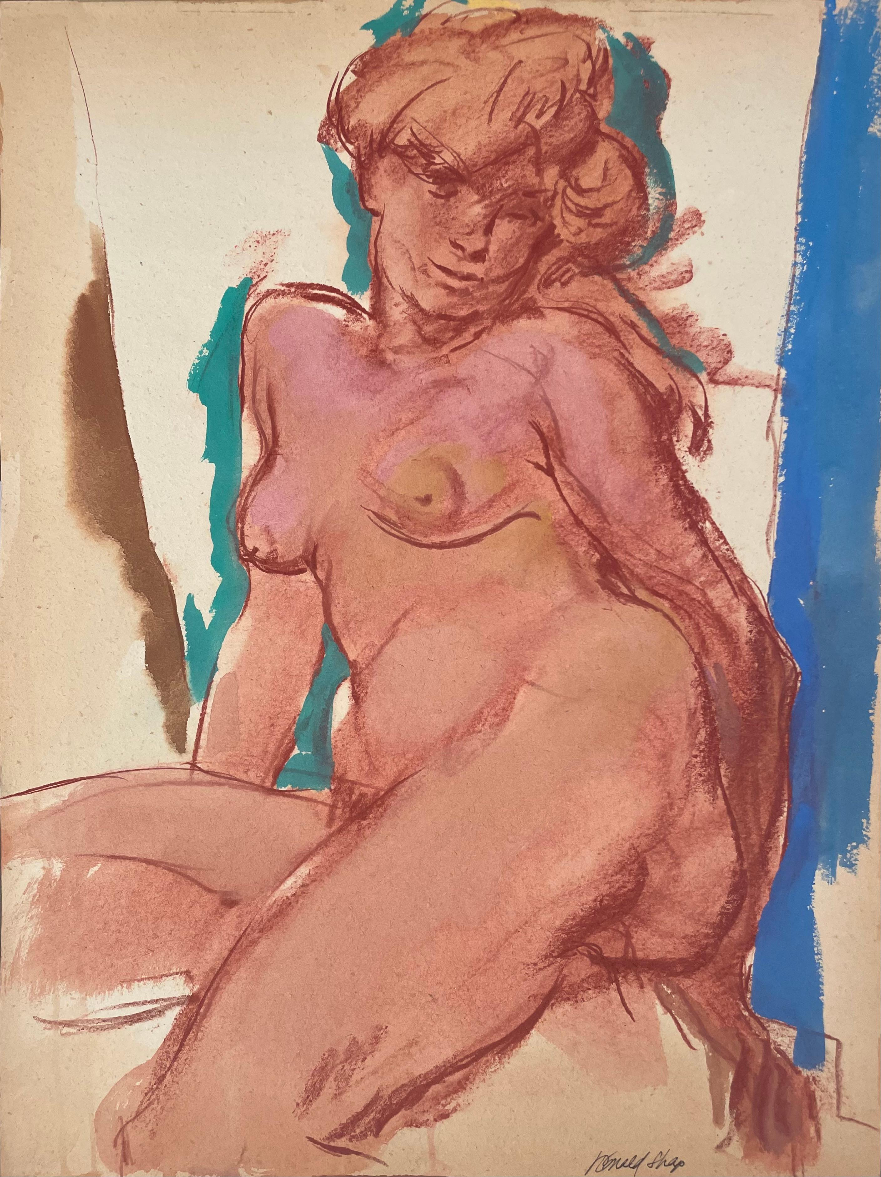 Dessin original au pastel à l'huile et à la gouache d'un célèbre paysagiste californien du XXe siècle, Ronald Shap. Esquisse d'une femme assise avec des couleurs sarcelle, bleu cobalt et rouge-rose chaud. 24x18 pouces sur papier. Signé.

Marques sur