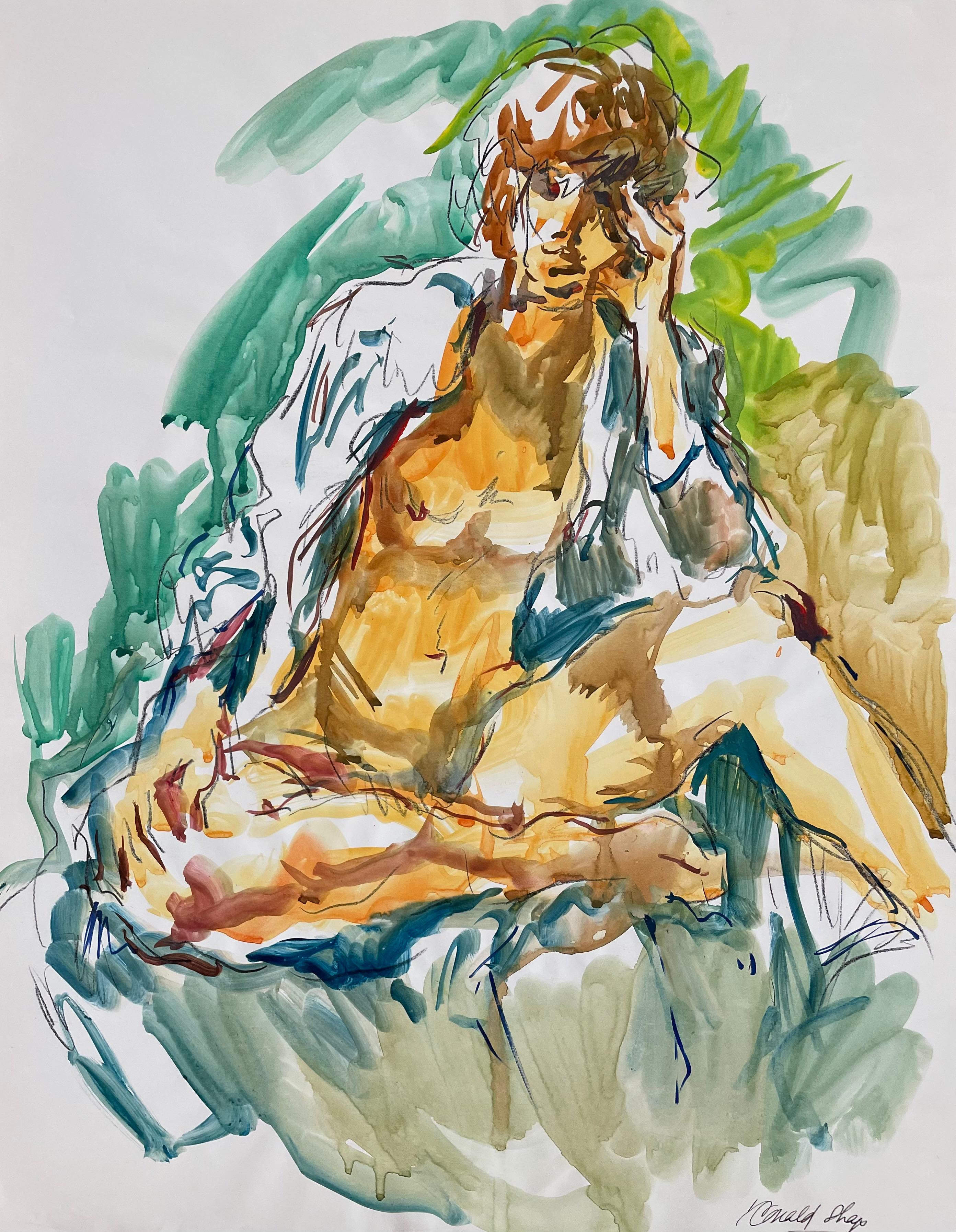 Original oil pastel and gouache figure drawing by celebrated, twentieth-century California landscape painter, Ronald Shap. Sketch of nude woman sitting with washes of teal, cobalt blue and brown. 23x17.5 inches on paper. Signed.

This piece has