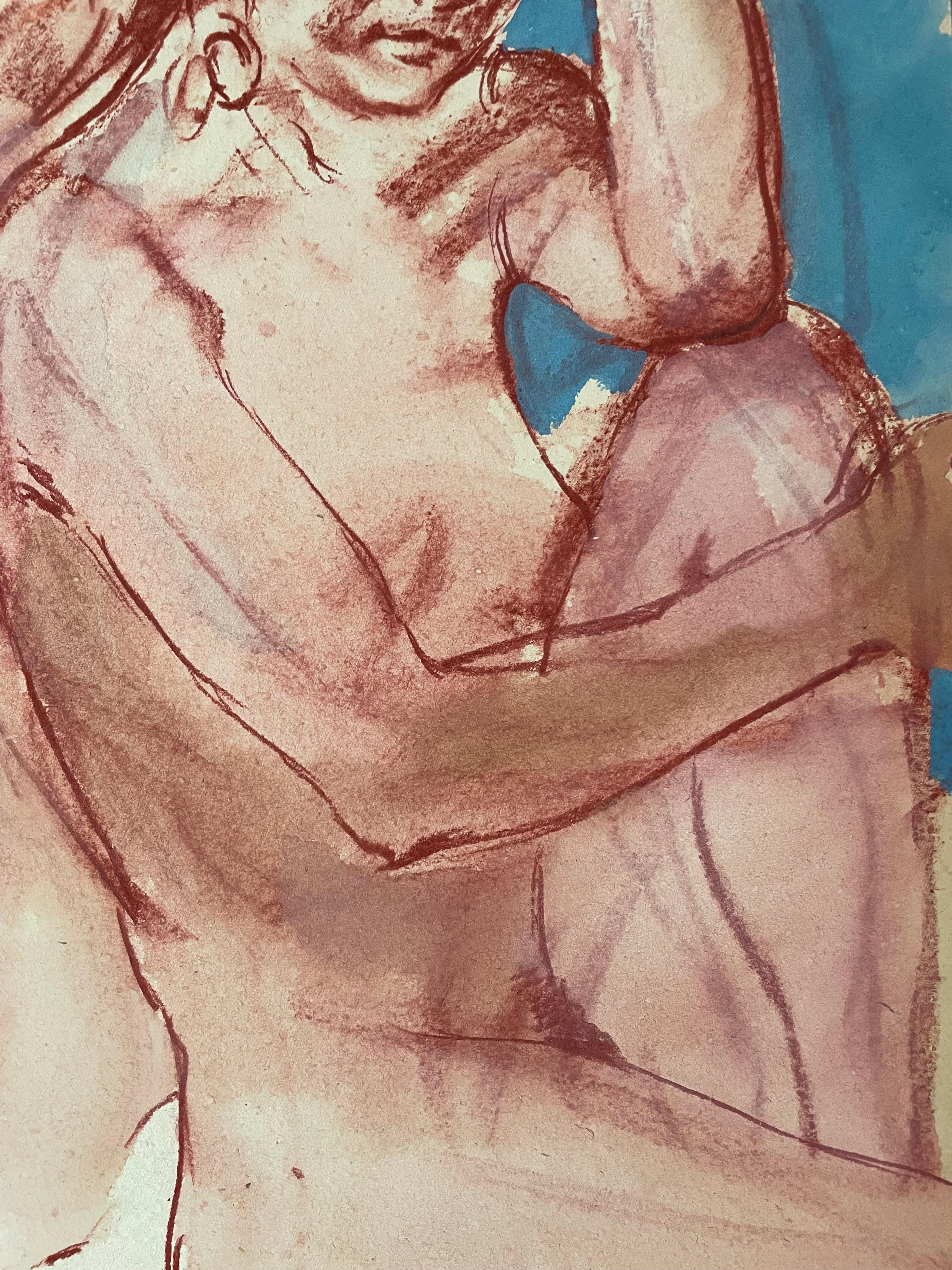Original Ölpastell und Gouache-Figurenzeichnung des berühmten kalifornischen Landschaftsmalers Ronald Shap aus dem zwanzigsten Jahrhundert. Rätselhafte Doppelskizze von zwei nackten Frauen, die Rücken an Rücken sitzen, in blauen und weinroten