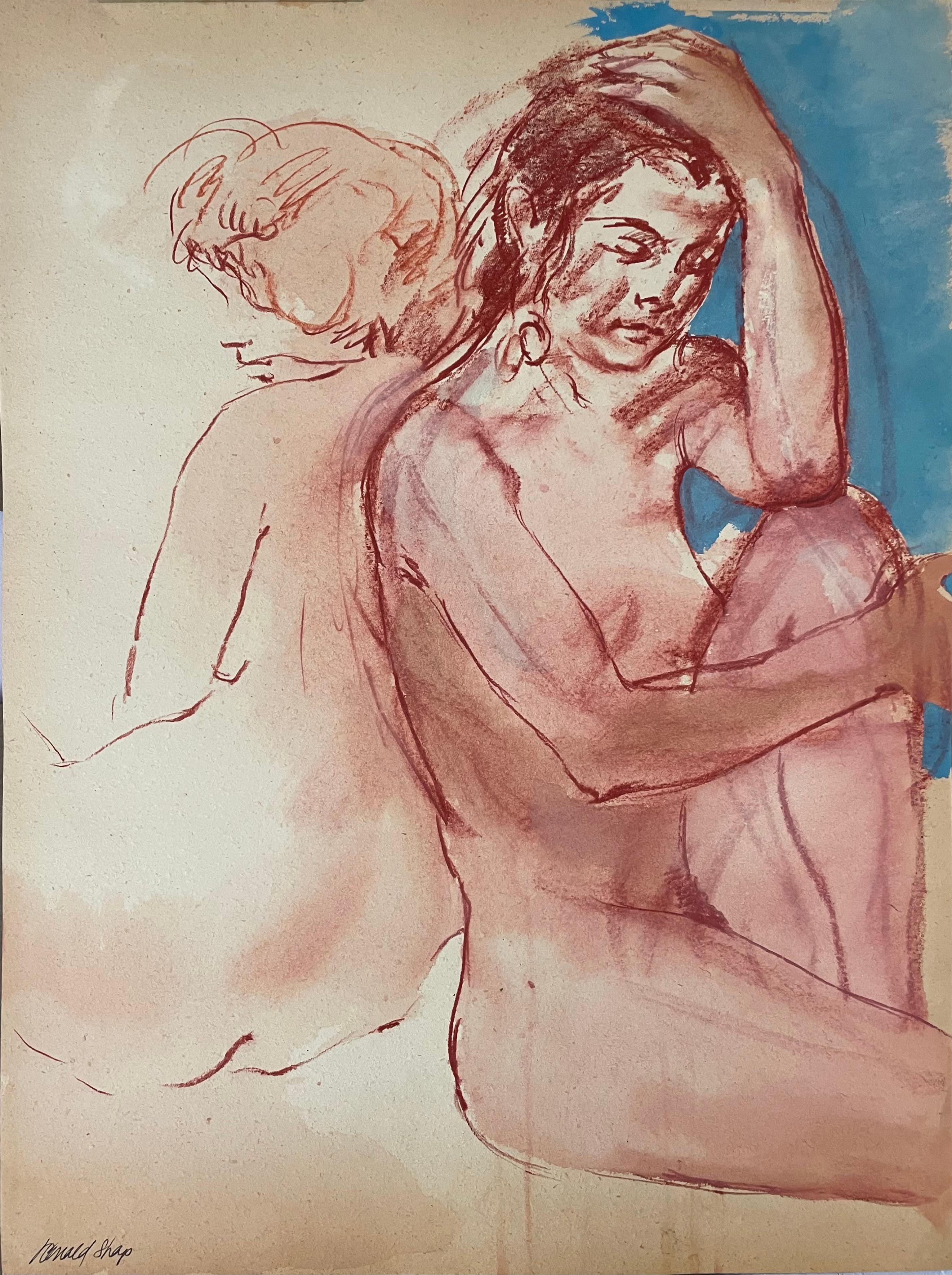 Original oil pastel and gouache figure drawing by celebrated, twentieth-century California landscape painter, Ronald Shap. Enigmatic double sketch of two nude women sitting back to back in washes of blue and burgundy. 24x18 inches on paper.