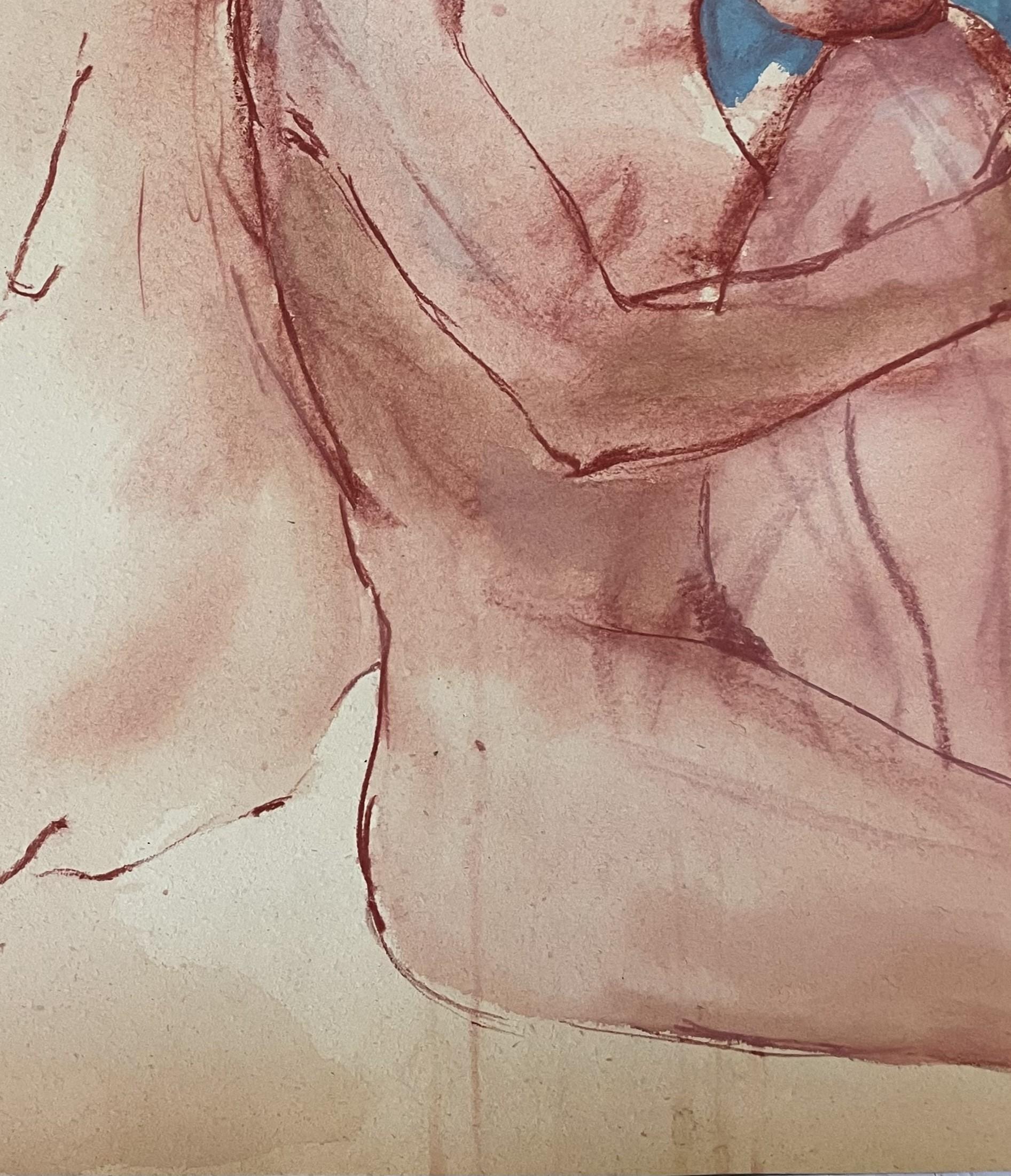 Original Ölpastell und Gouache-Figurenzeichnung des berühmten kalifornischen Landschaftsmalers Ronald Shap aus dem zwanzigsten Jahrhundert. Rätselhafte Doppelskizze von zwei nackten Frauen, die Rücken an Rücken sitzen, in blauen und weinroten