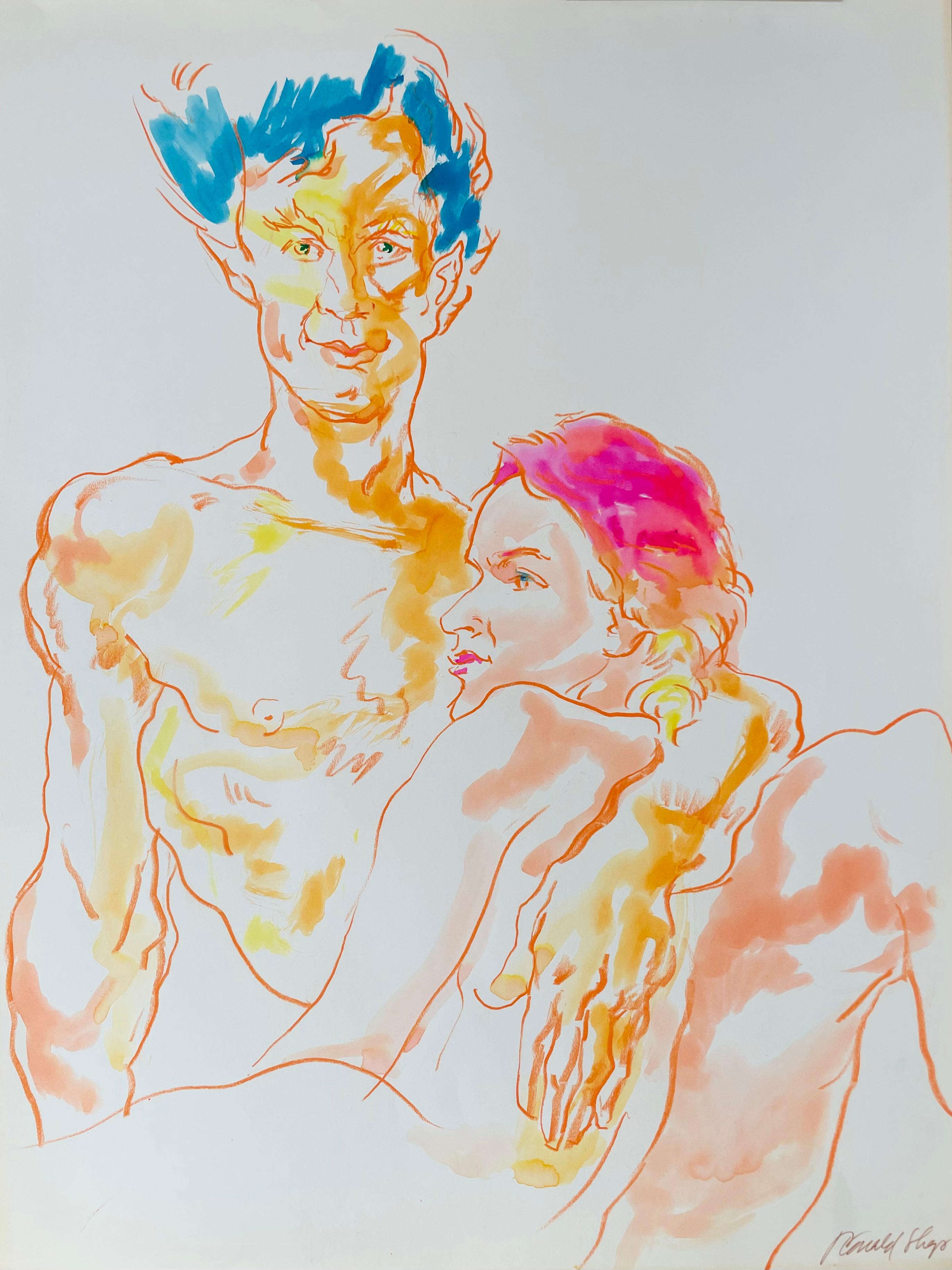 Original oil pastel and gouache figure drawing by celebrated, twentieth-century California landscape painter, Ronald Shap. Sketch of a nude man and woman with washes of neon blue and neon pink on paper. This is a part of Shap's '80s Interiors