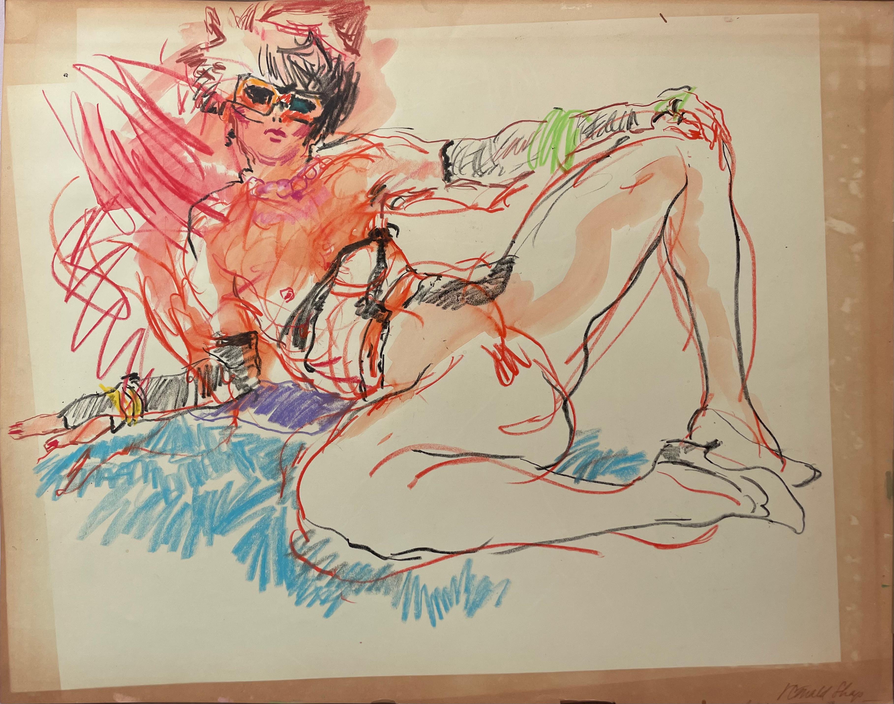Original oil pastel and gouache figure drawing by celebrated, twentieth-century California impressionist landscape painter, Ronald Shap. Chaotic, rock n roll sketch of nude woman reclining in red, blue and orange. 19x24 inches on paper.