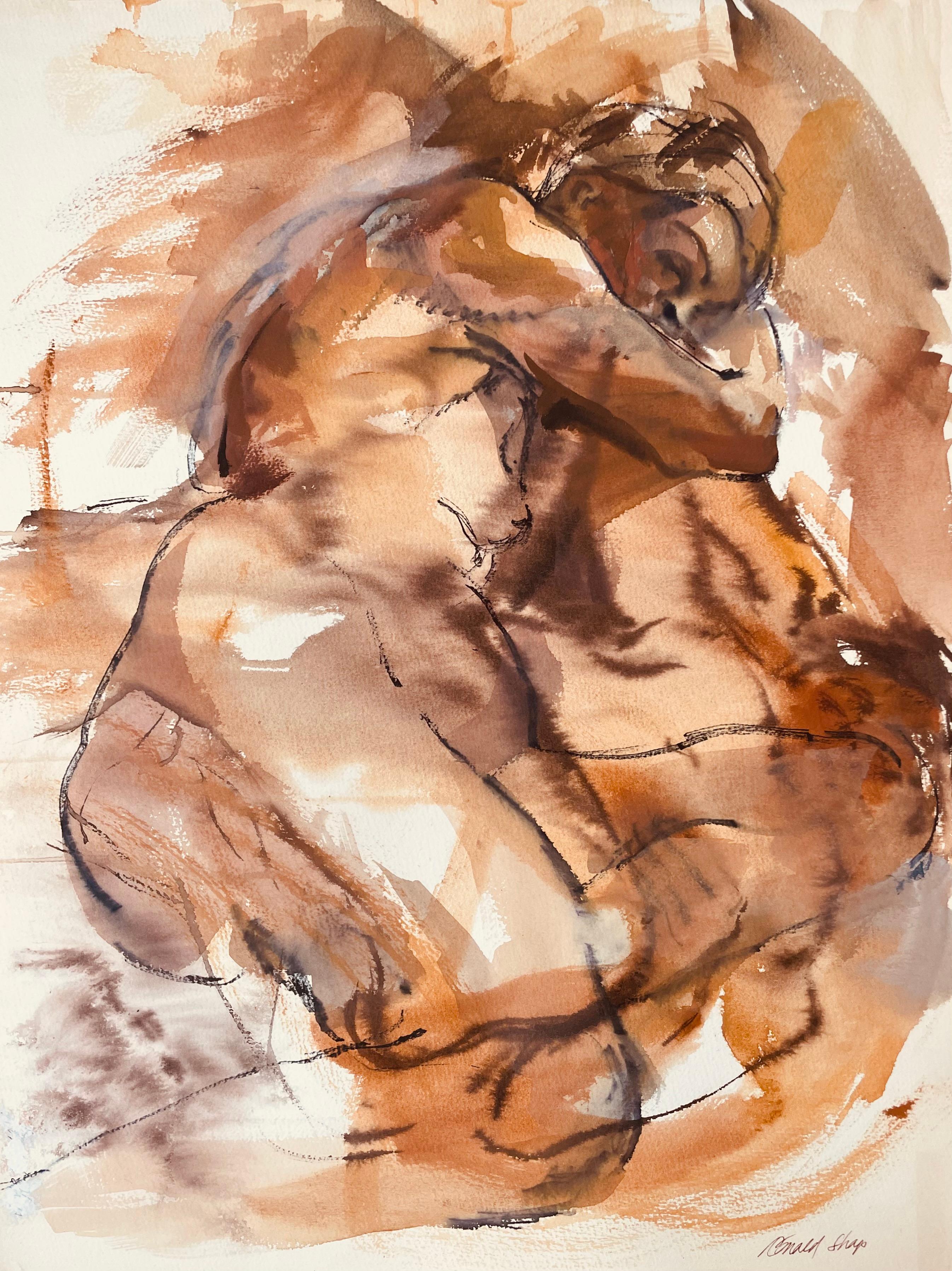 Original oil pastel, ink and gouache figure drawing by celebrated, twentieth-century California landscape painter, Ronald Shap. Sketch of nude woman reclining in a turban in washes of brown. 24x18 inches on paper. Signed.

Crease in bottom left
