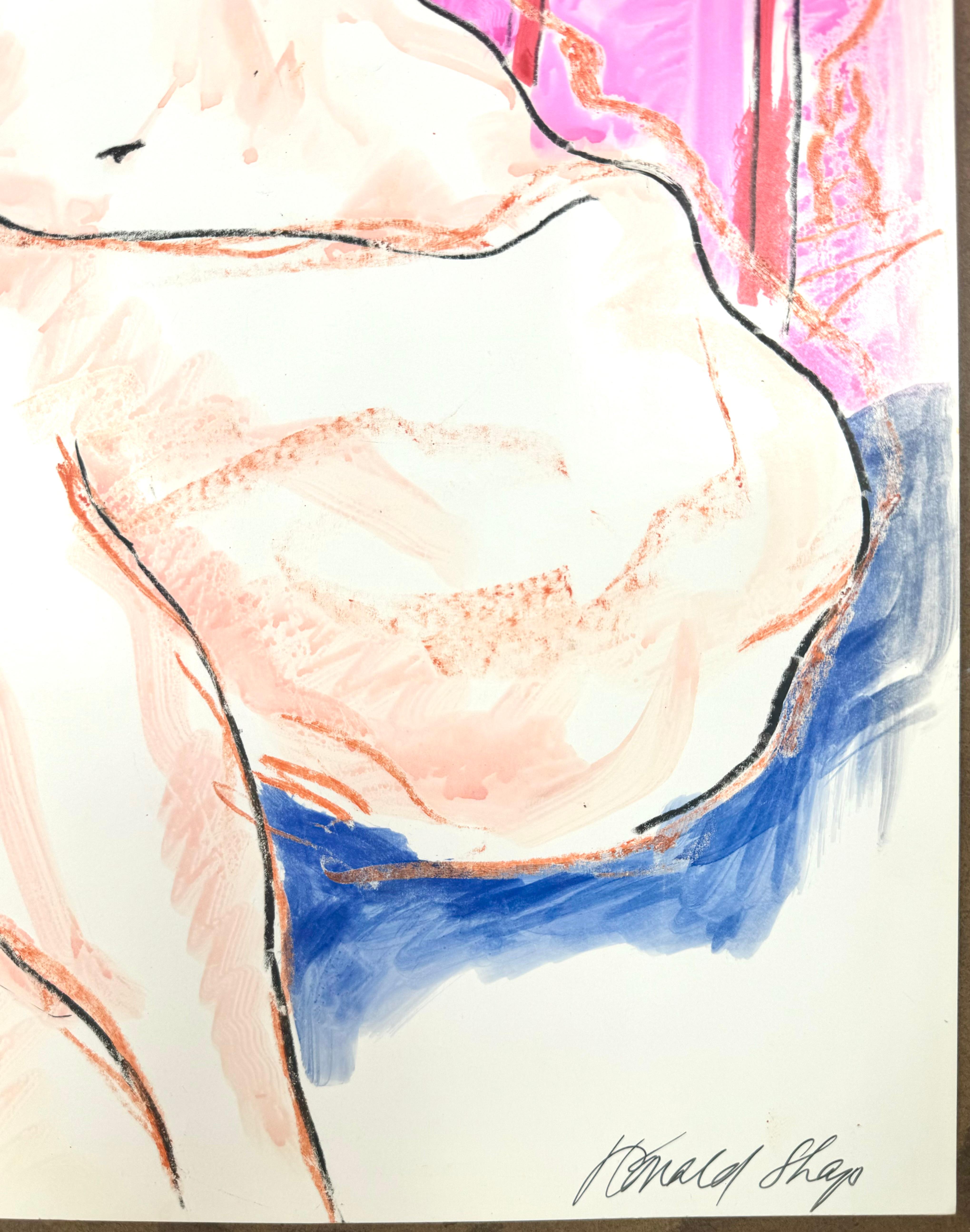 Original Ölpastell und Gouache-Figurenzeichnung des berühmten kalifornischen Landschaftsmalers Ronald Shap aus dem zwanzigsten Jahrhundert. Lebendige Skizze einer sitzenden nackten Frau mit neonpinken, kobaltblauen, pfirsichfarbenen und orangen