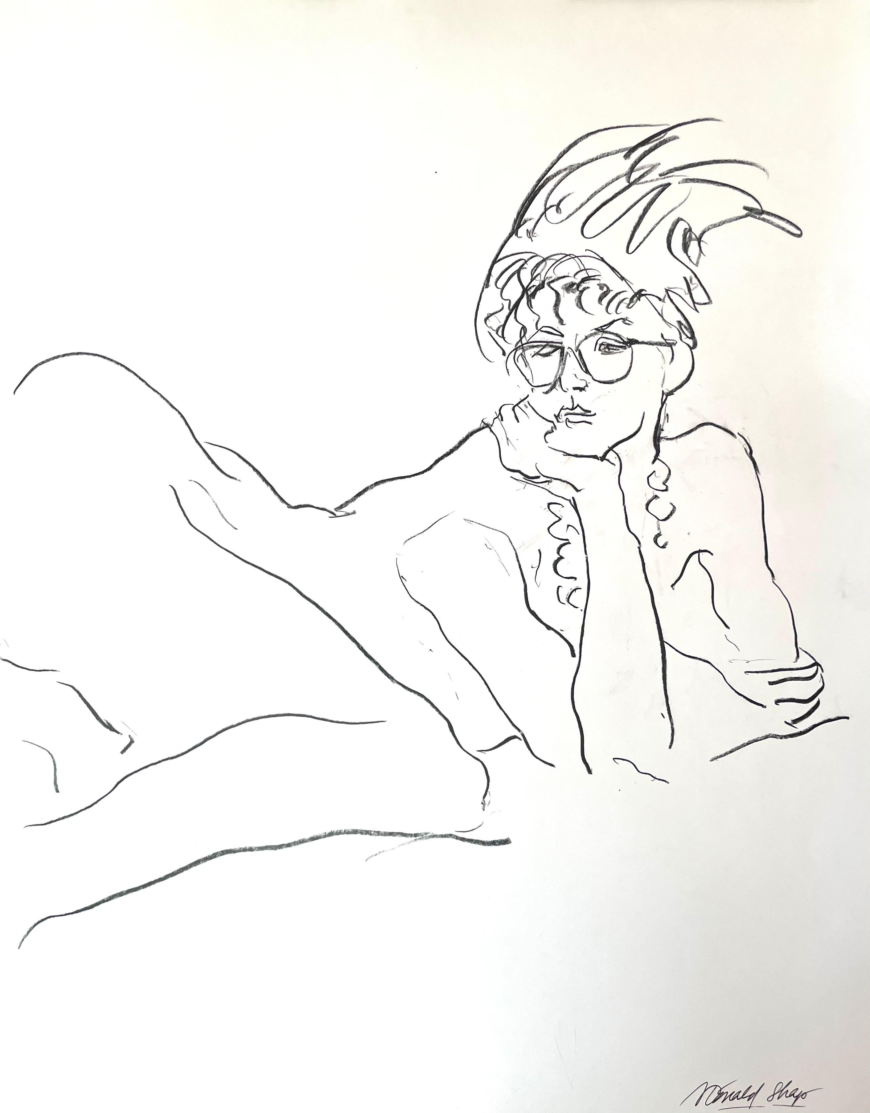 Original oil pastel figure drawing by celebrated, twentieth-century California landscape painter, Ronald Shap. Black and white sketch of lounging nude woman with glasses. 17.5x22.5 inches on glossy paper. Signed. 

This piece is a part of Shap's