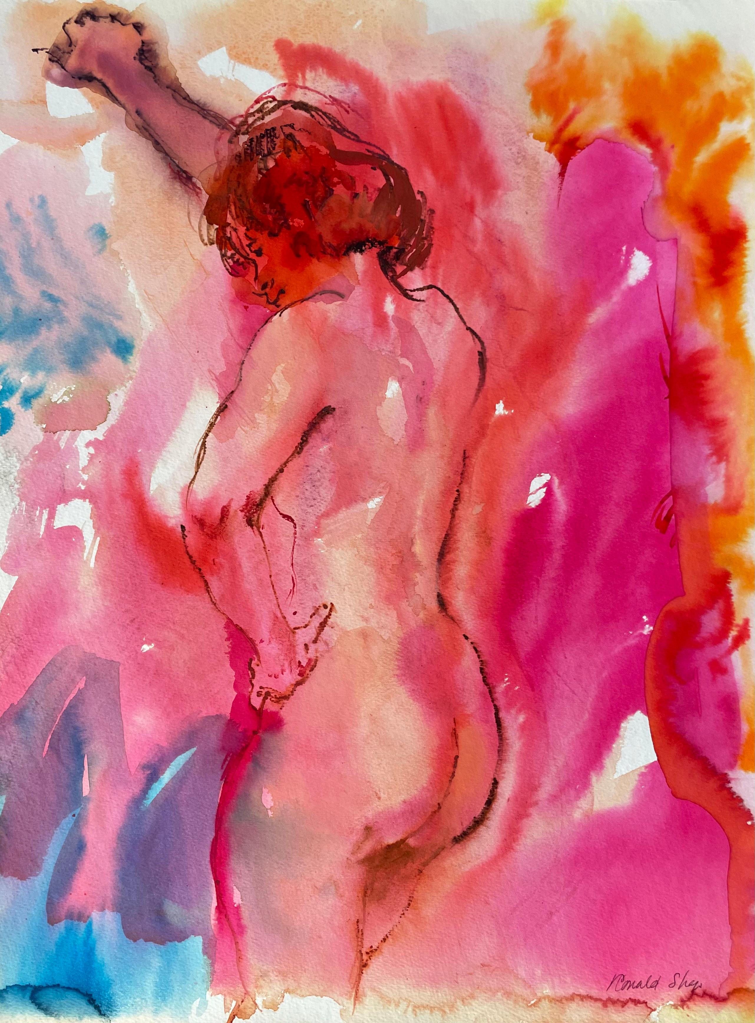 Original ink, gouache and oil pastel figure painting by celebrated, twentieth-century California landscape painter, Ronald Shap. Sketch of nude woman standing in washes of neon pink, orange and blue. 23x18 inches on paper. Signed.

This piece is a