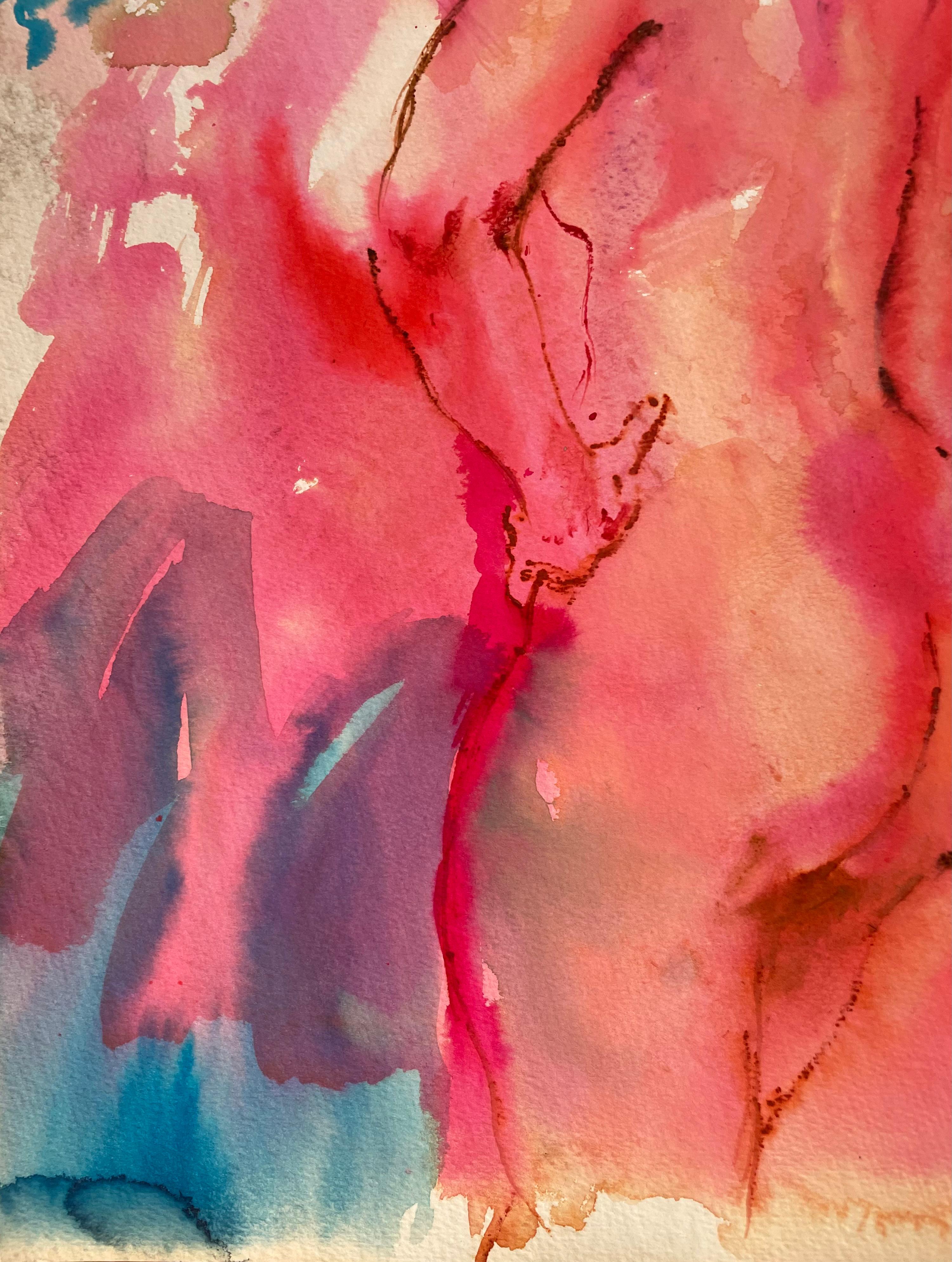 Original Tusche-, Gouache- und Ölpastell-Figurengemälde des berühmten kalifornischen Landschaftsmalers Ronald Shap aus dem zwanzigsten Jahrhundert. Skizze einer nackten Frau, die in neonpinken, orangefarbenen und blauen Tönen steht. 23x18 Zoll auf
