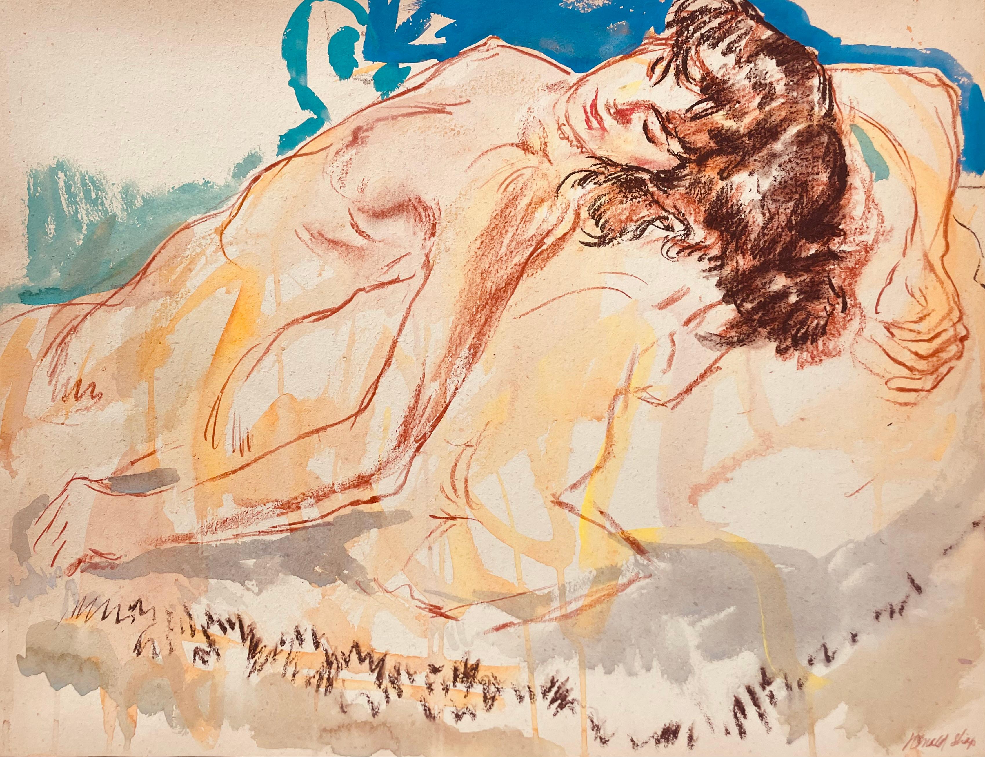 Dessin original à la gouache et au pastel à l'huile d'un célèbre paysagiste impressionniste californien du XXe siècle, Ronald Shap. Femme nue couchée sur le côté avec des lavis de sarcelle, de bleu et de jaune. 18x24 pouces sur papier.