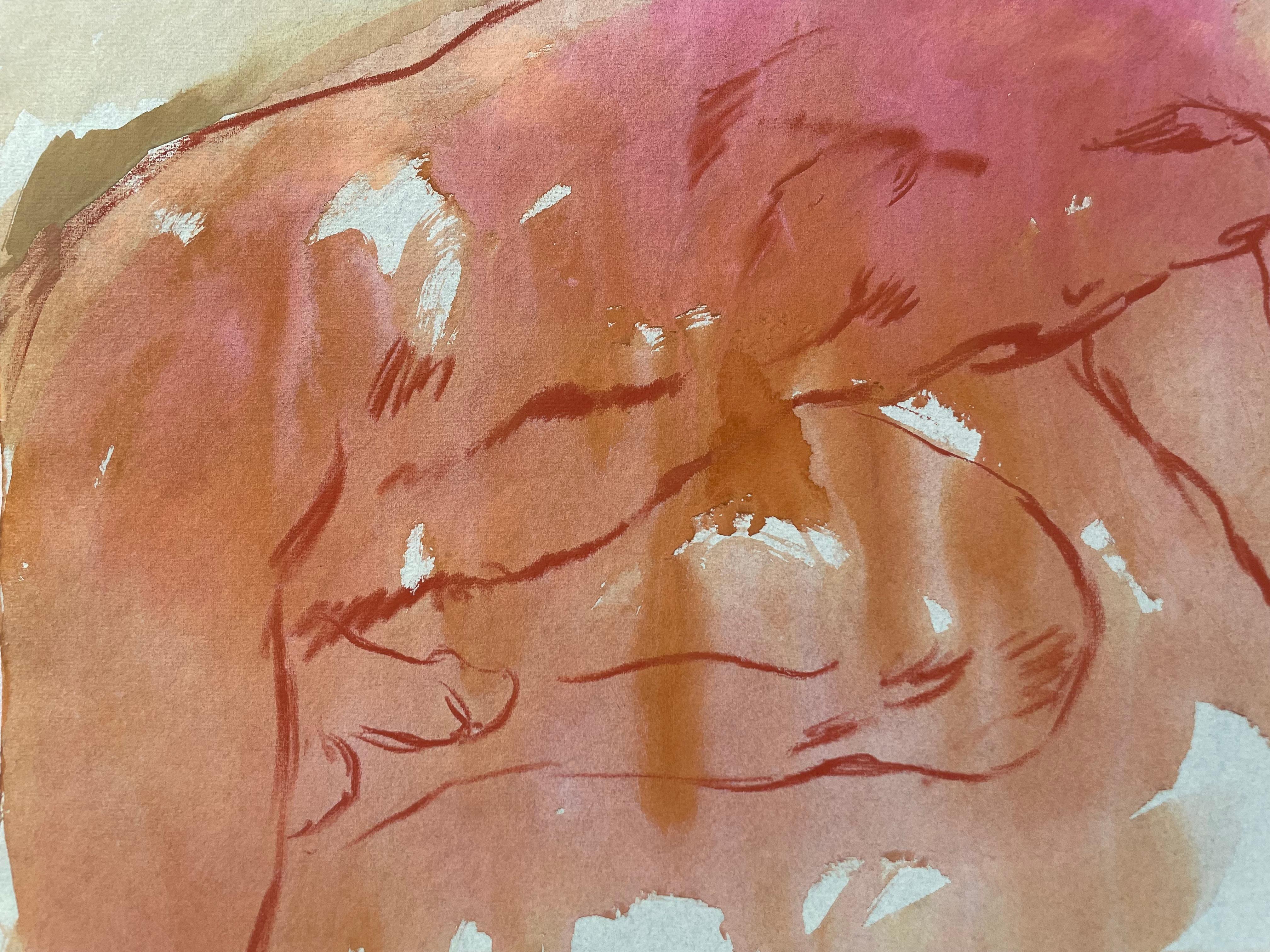 Originale Gouache- und Ölpastell-Figurenzeichnung des berühmten kalifornischen impressionistischen Landschaftsmalers des 20. Jahrhunderts, Ronald Shap. Kauernder nackter Mann mit Schnurrbart und blondem Haar mit Pfirsich- und Rosatönen auf