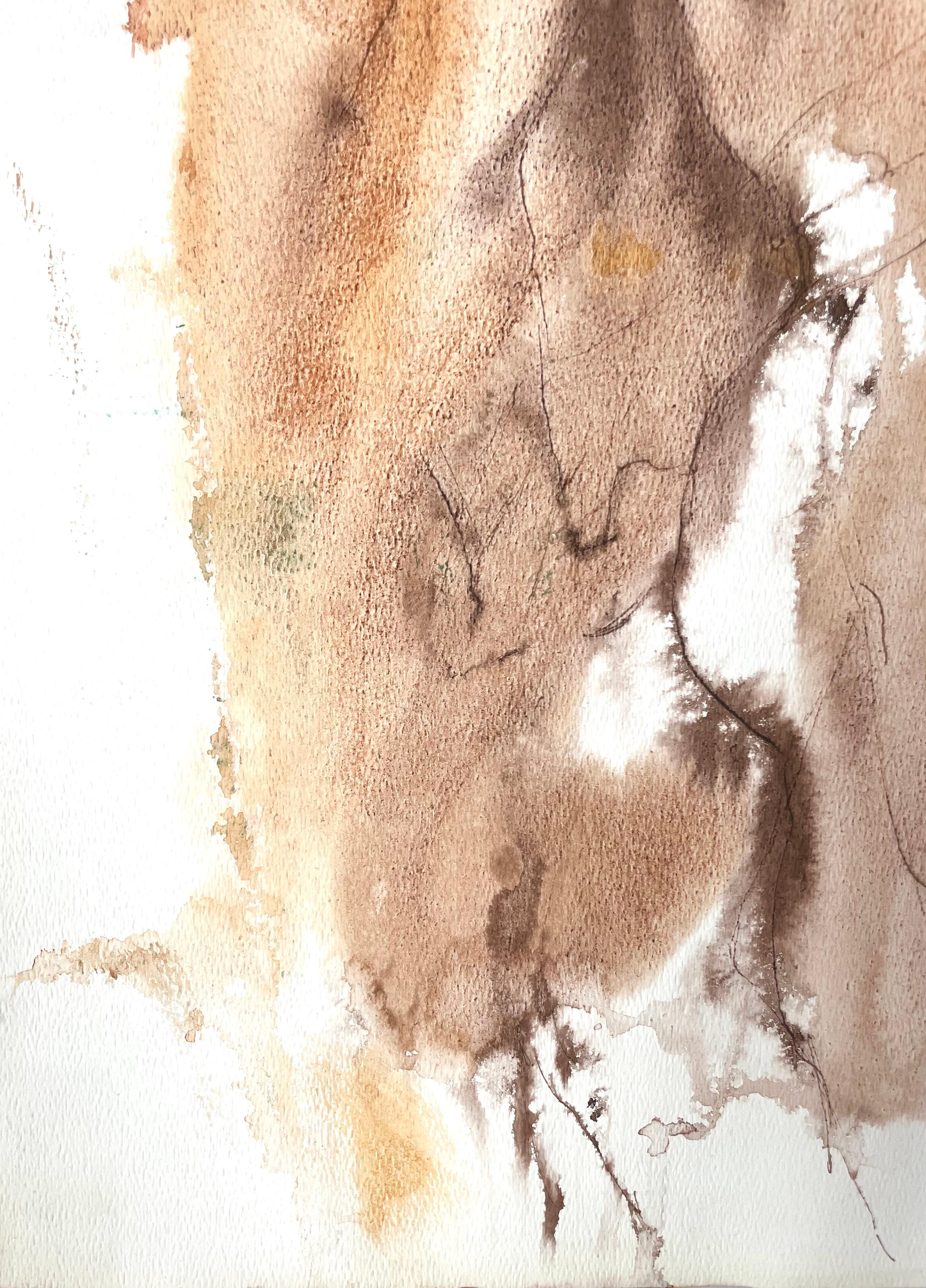 Original Gouache und Tinte nackte Figur Zeichnung von berühmten, zwanzigsten Jahrhunderts California impressionistischen Landschaftsmaler, Ronald Shap. Torso und Gesäß eines Mannes mit erhobenem Arm in braunen Farbtönen. 24x18 Zoll auf Papier.