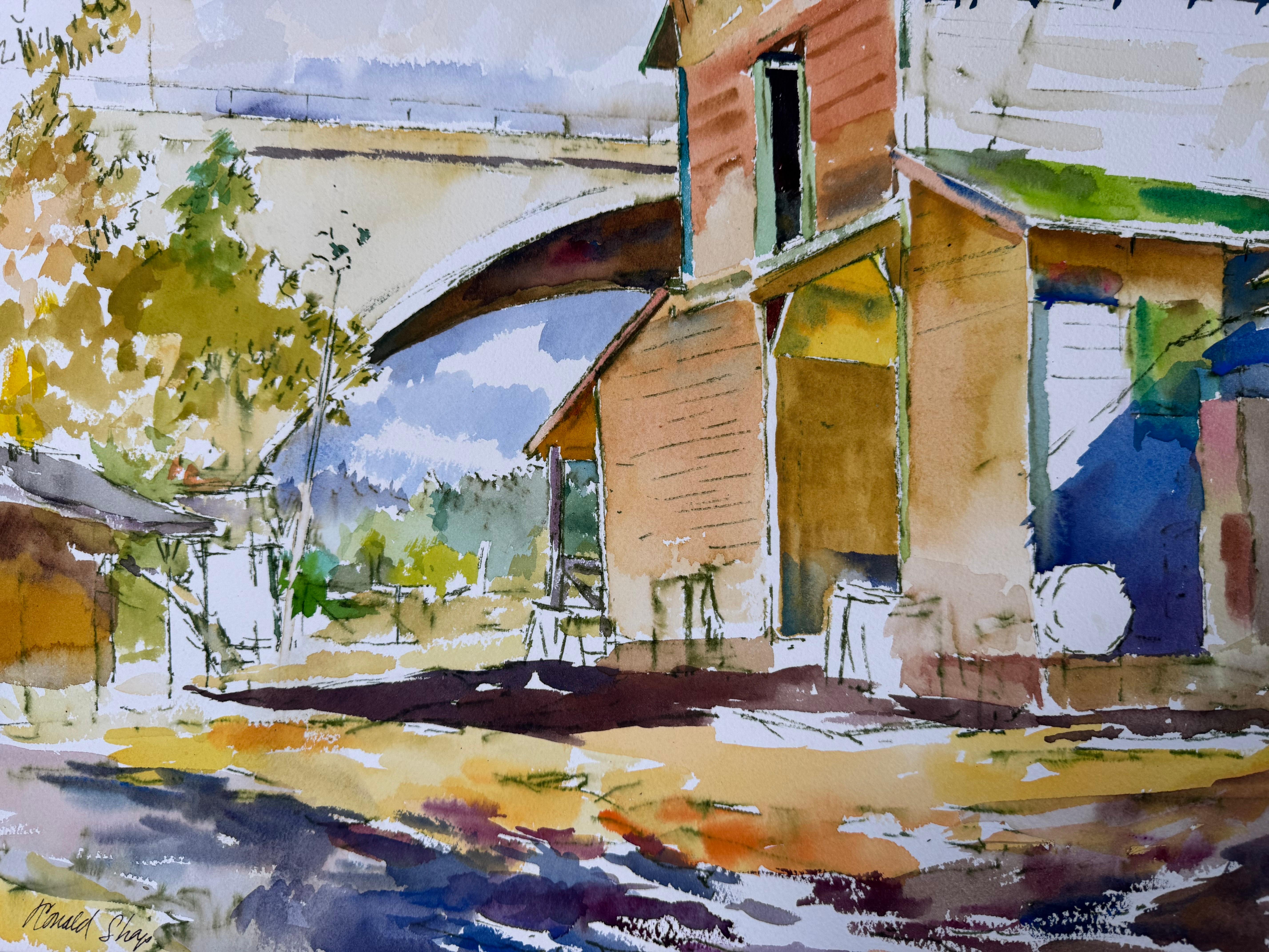 Acquerello originale del celebre pittore di paesaggi californiano del XX secolo, Ronald Shap. Una vivace scena dell'Arroyo Seco Stables a Pasadena, CA, con il ponte York Boulevard sullo sfondo. Perfetto per gli amanti dei cavalli! 18×24 pollici su