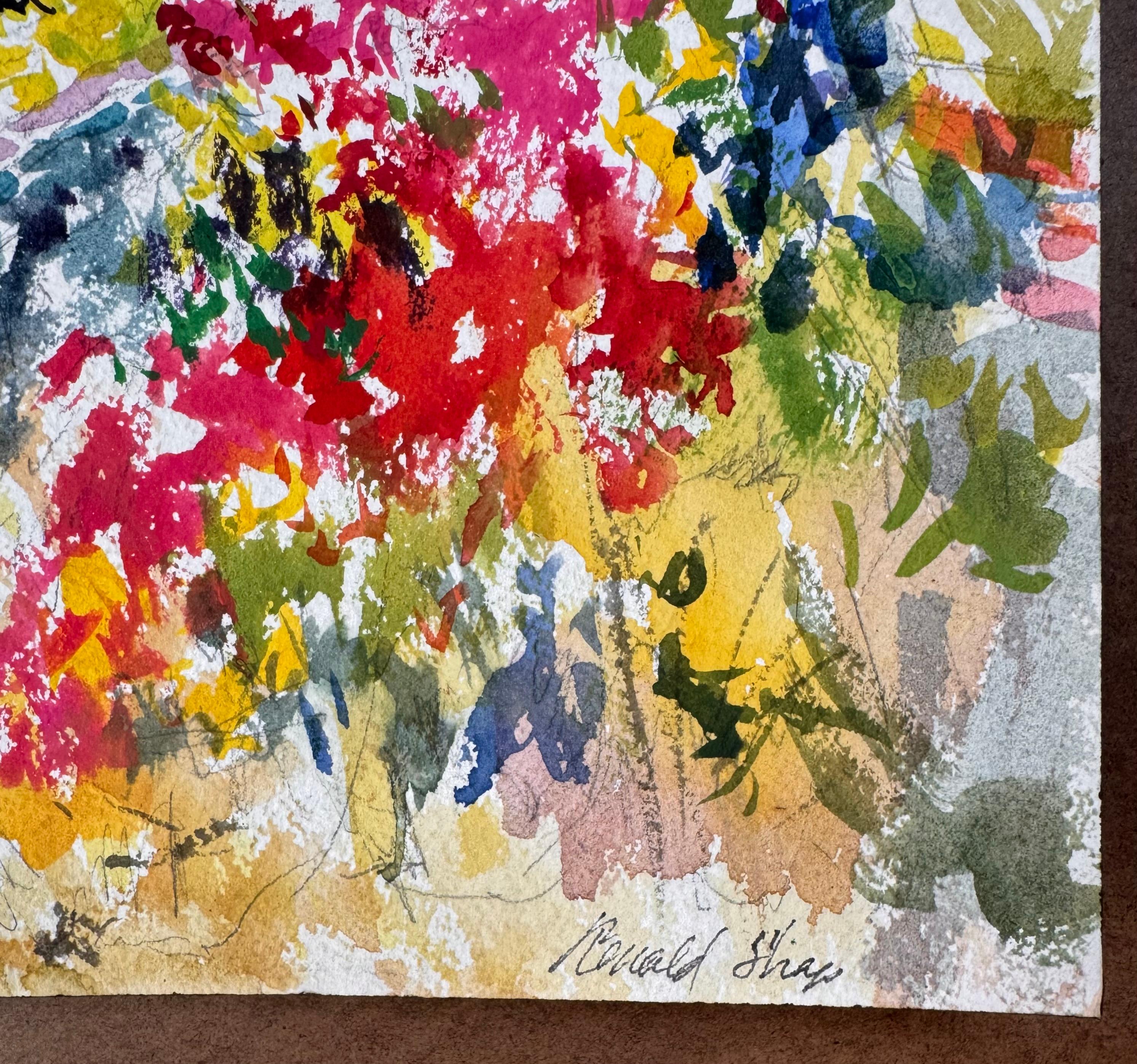 Original watercolor painting by celebrated, twentieth-century California landscape painter, Ronald Shap. Vibrant view of the Pacific Ocean and Santa Monica Bay from the hills above Hollywood with palm trees and bougainvillea. Colors in green,