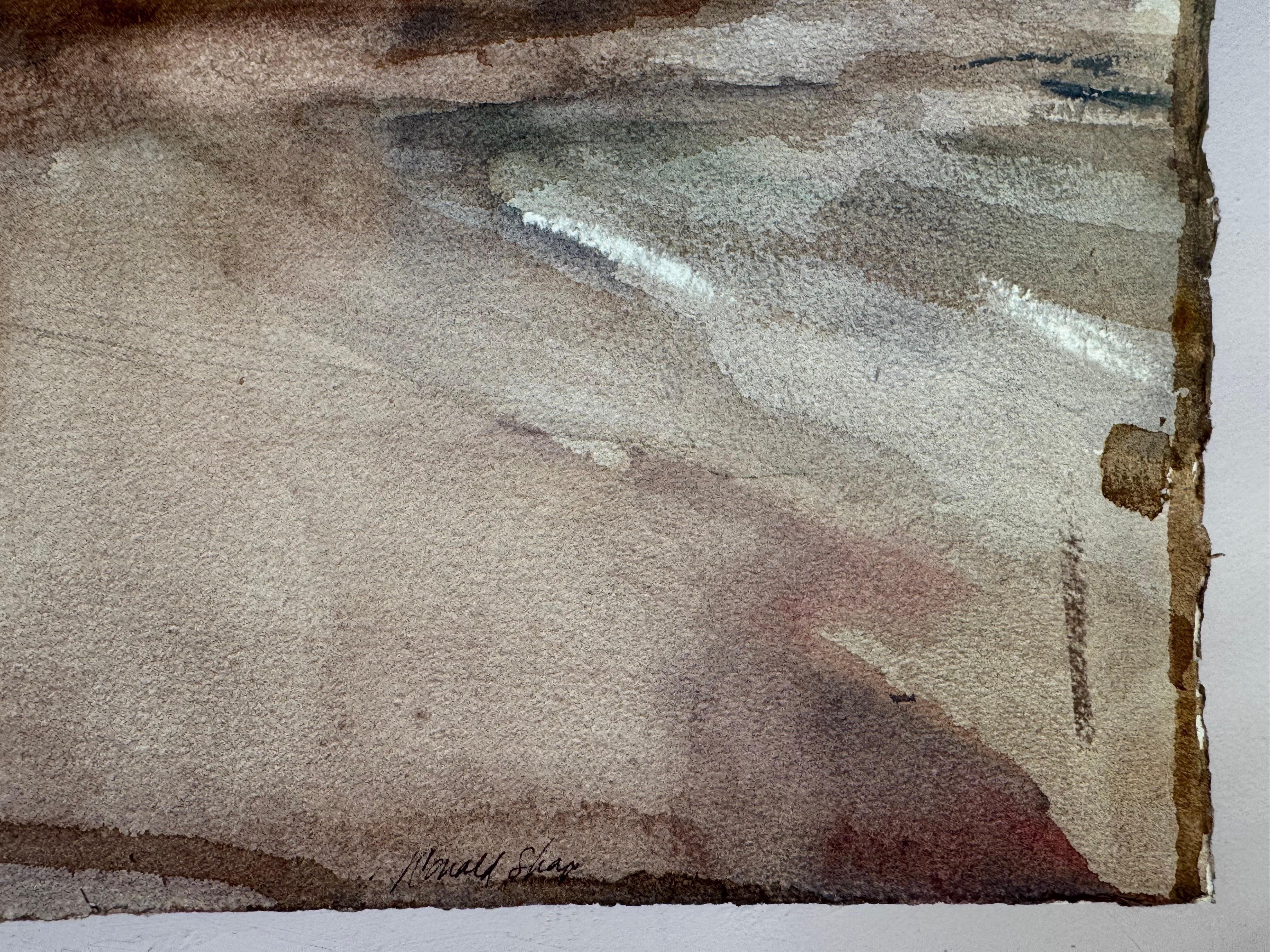 Acquerello originale del celebre pittore di paesaggi californiano del XX secolo, Ronald Shap. Un dipinto evocativo e lunatico di Malibu e delle Santa Monica Mountains con l'Oceano Pacifico in primo piano. Questa combinazione di colori neutri e le