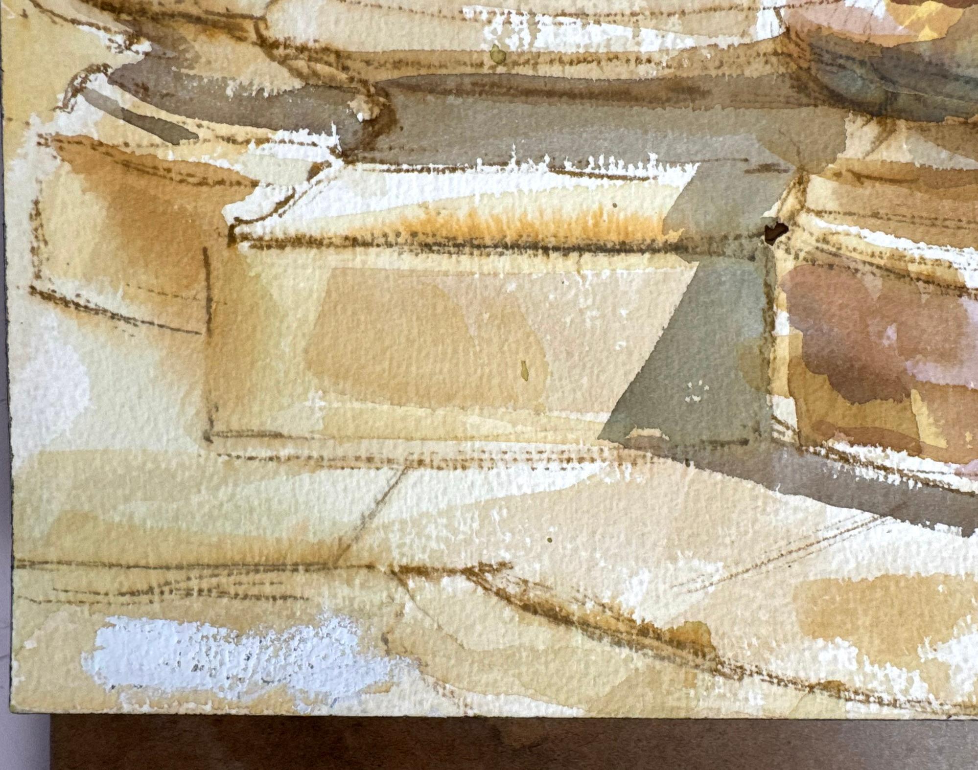 Acquerello originale del celebre pittore di paesaggi californiano del XX secolo, Ronald Shap. Schizzo della fontana di fronte al municipio di Pasadena, nella California meridionale, nei colori del marrone, dell'oro e del verde. Questo pezzo ci