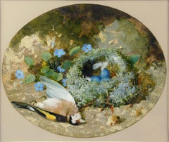 Still life with dead goldfinch - English naturalistic gouache around 1890