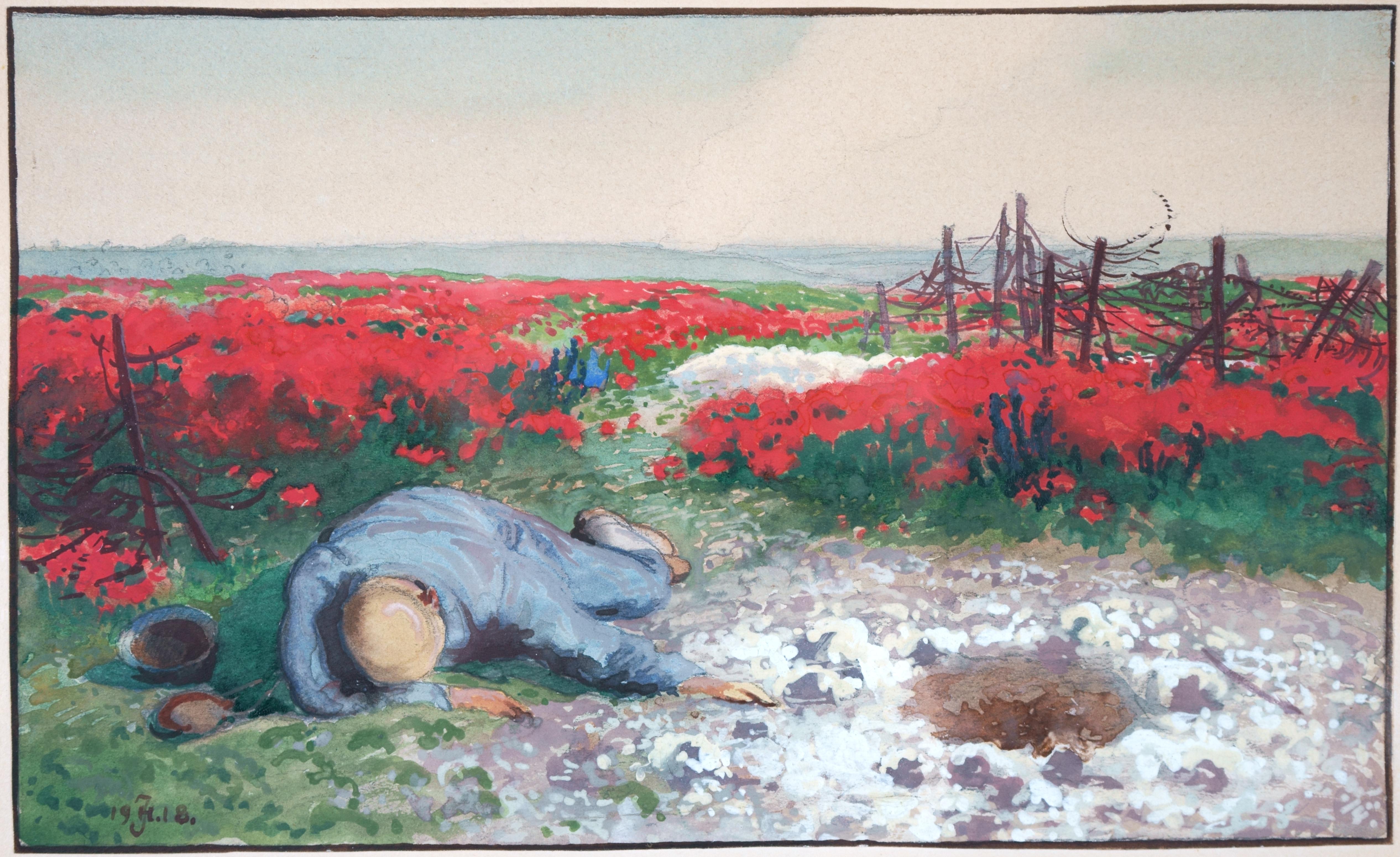 Johannes Haensch Figurative Art - Red blooming war landscape with dead soldier - Bleeding flowers -
