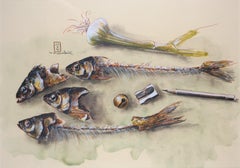 Stillleben mit Fischknochen und champagnerfarbenen Korken / - Hinter dem Stillleben