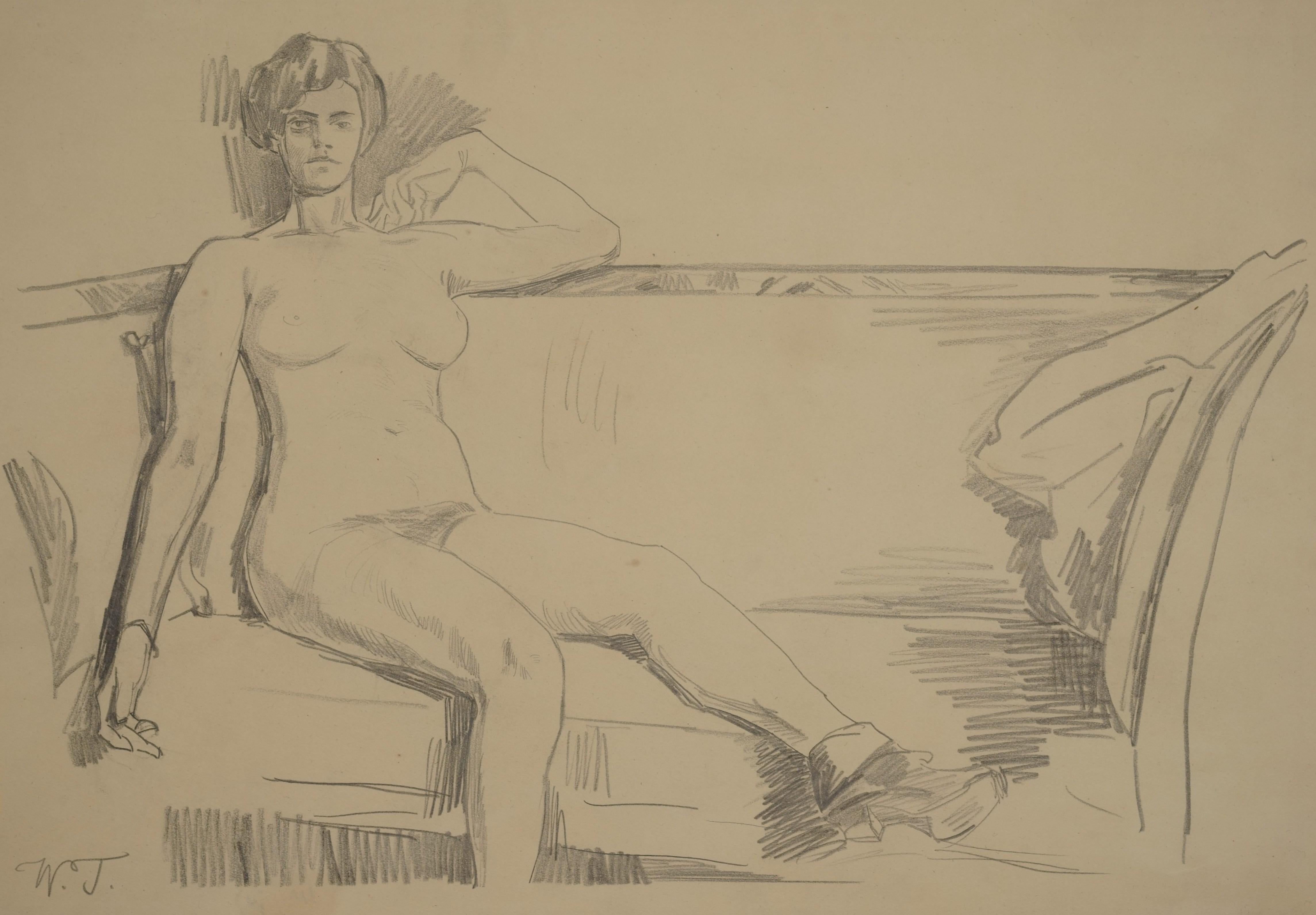 Wilhelm Trübner Nude – Weiblicher Akt auf einem Sofa sitzend