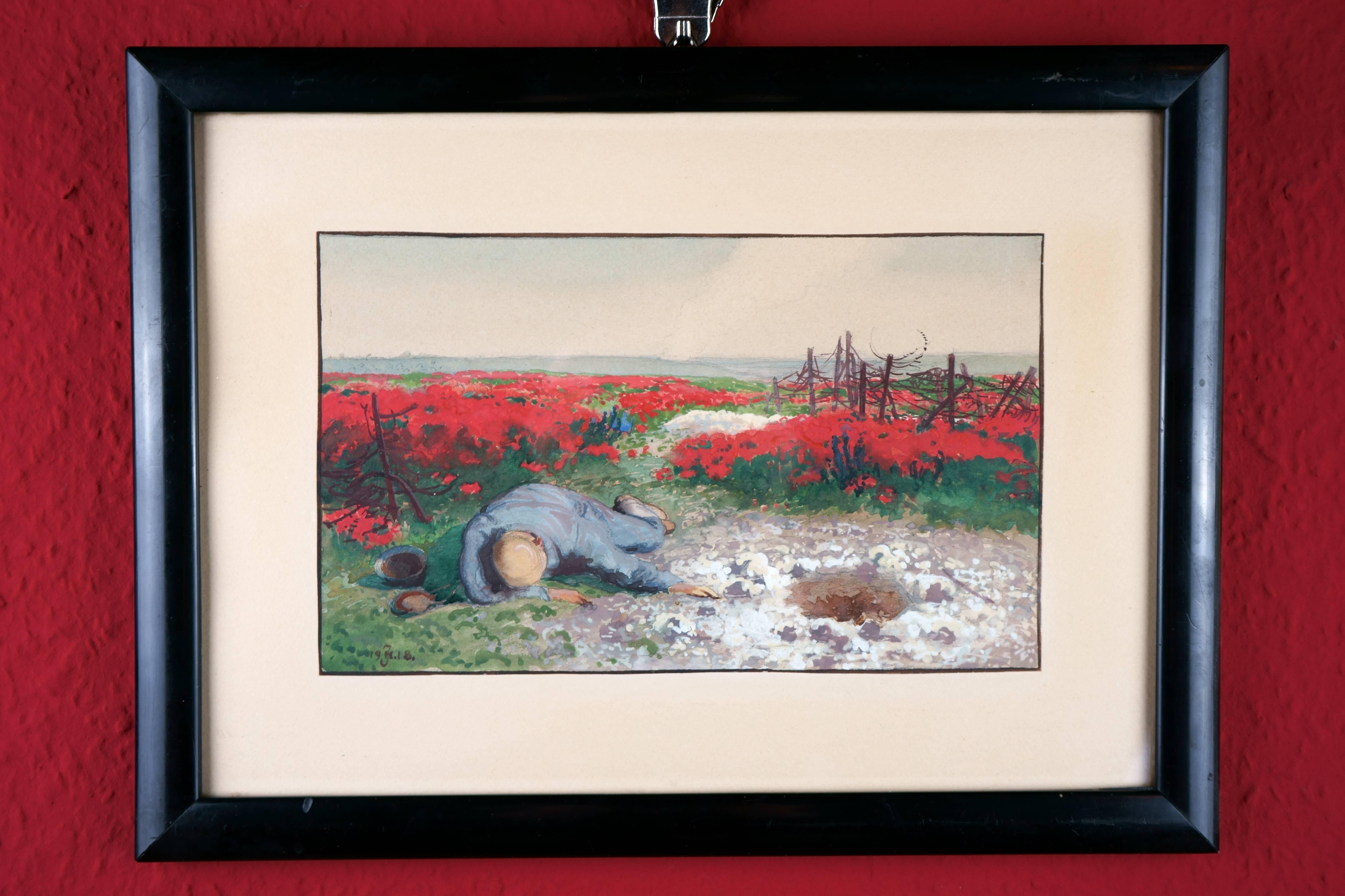 Red blooming war landscape with dead soldier - Bleeding flowers - For Sale 1