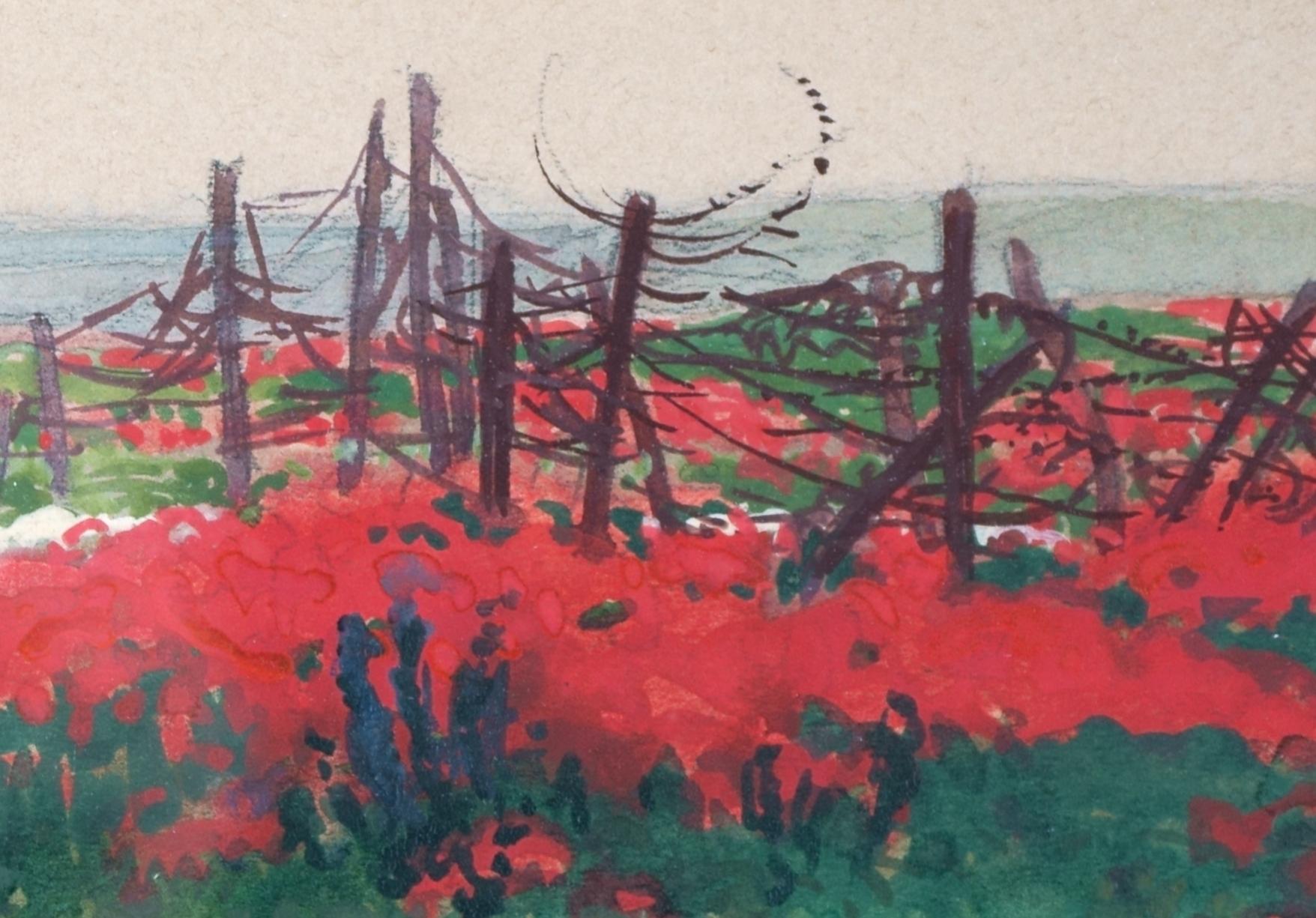 Johannes Friedrich Heinrich Hänsch (1875-1945), Red blooming war landscape with dead soldier, 1918. Watercolor and gouache on paper, 15 x 24.5 cm (image), 27 x 37 cm (sheet size / frame), monogrammed and dated 